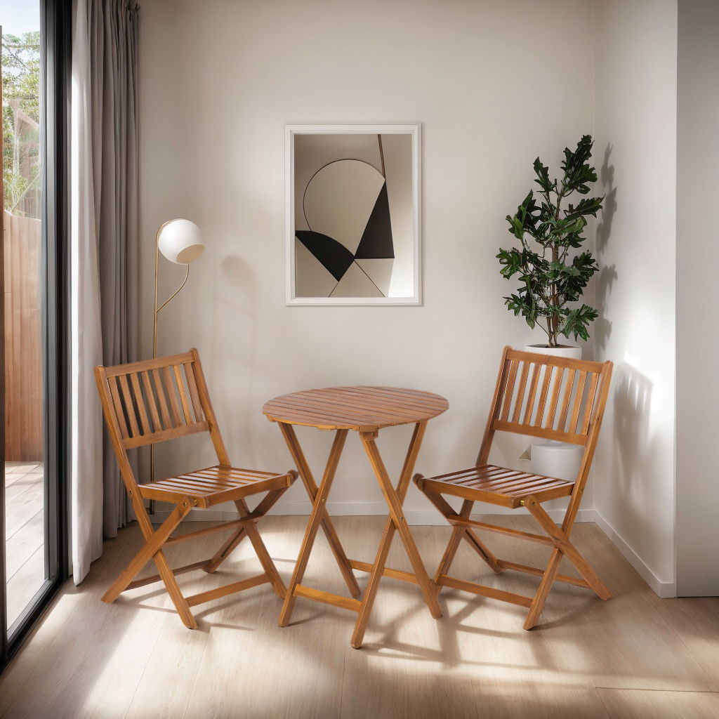 3 Piece Acacia Bistro Set, Folding Patio Furniture With 1 Coffee Table And 2 Foldable Chairs