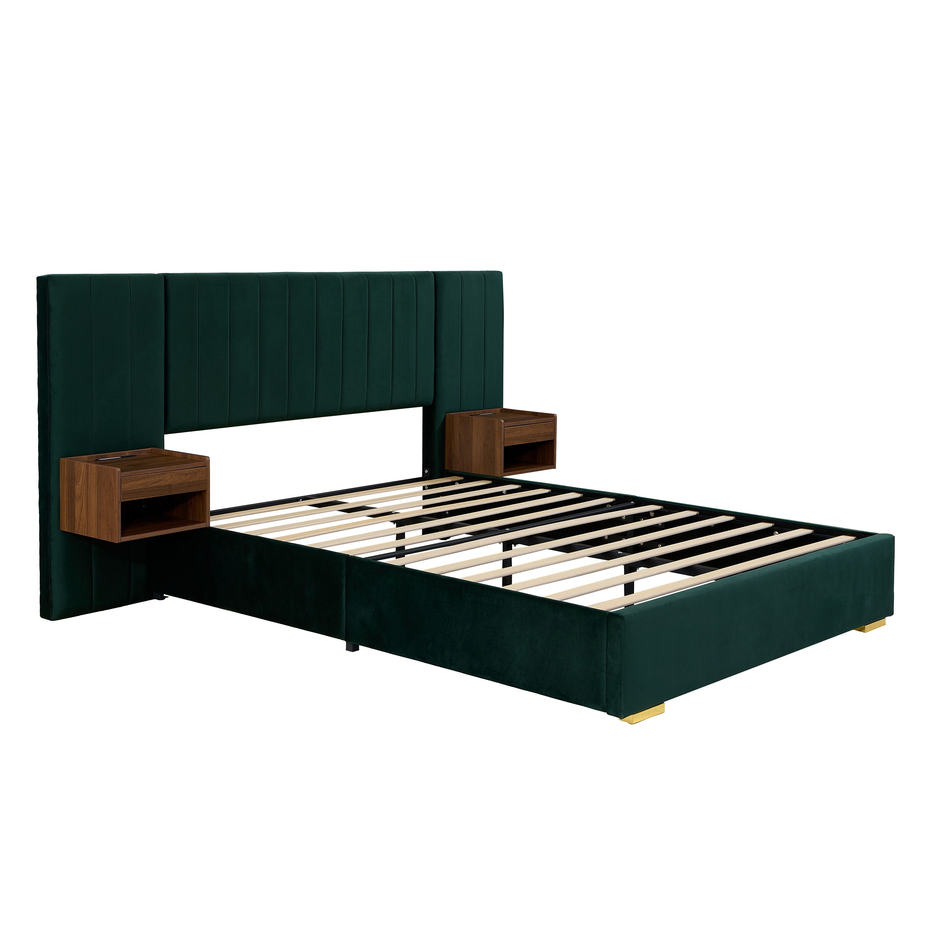 Upholstered Bed Frame Of Velvet Tufted Headboard With Floating Nightstand LED / USB Built