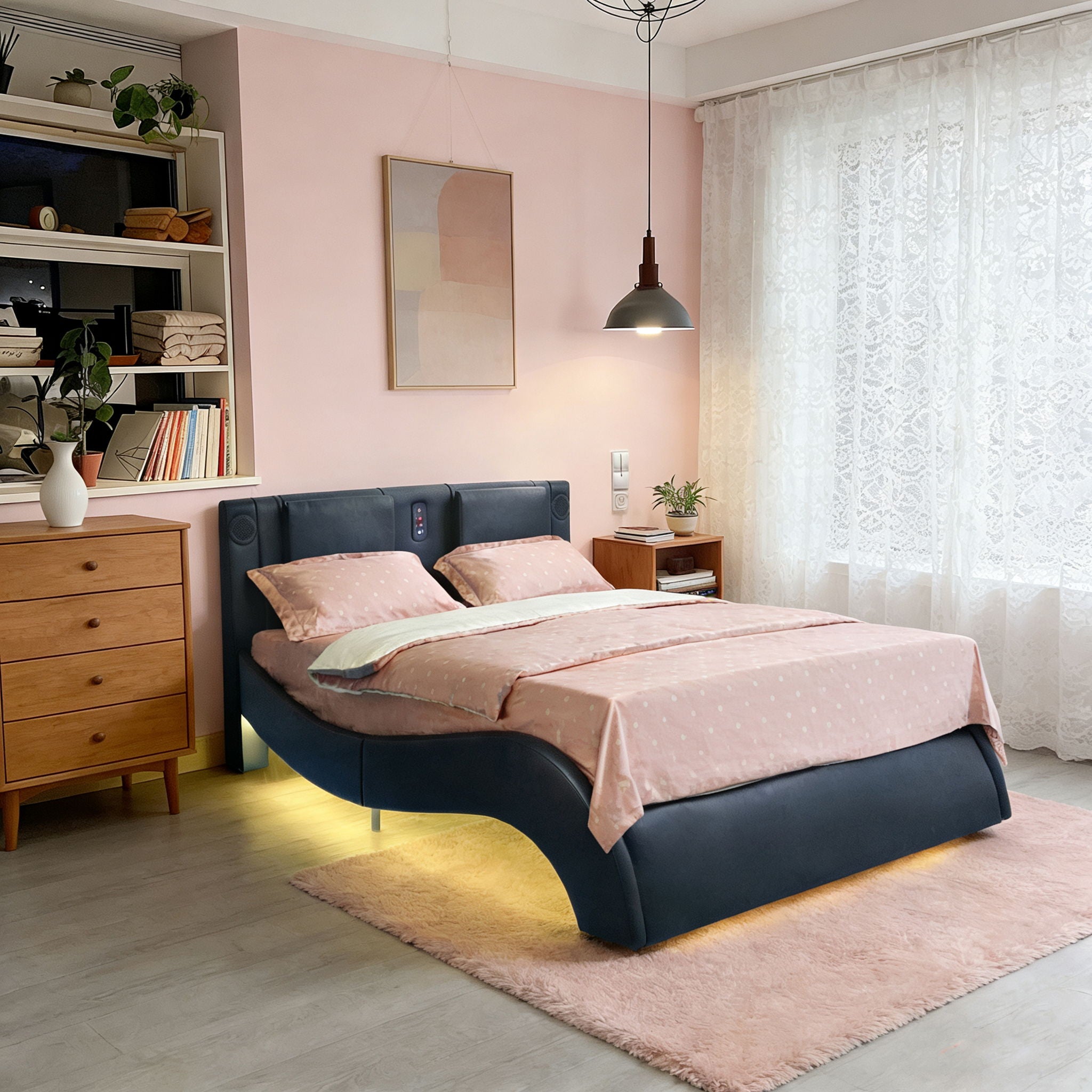 Platform Bed Frame With LED Lighting, Bluetooth Music, Vibration Massage