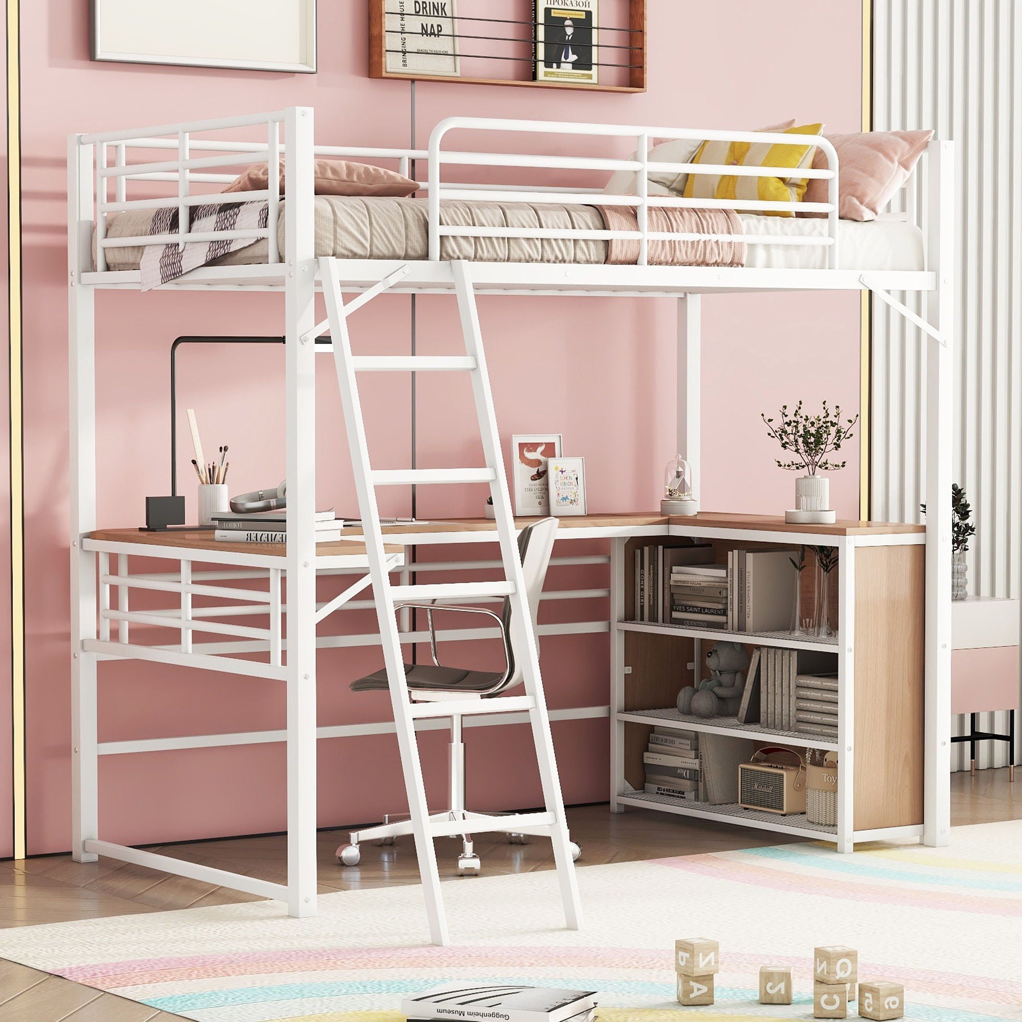 Loft Bed & 3 Layers Of Shelves And L-Shaped Desk