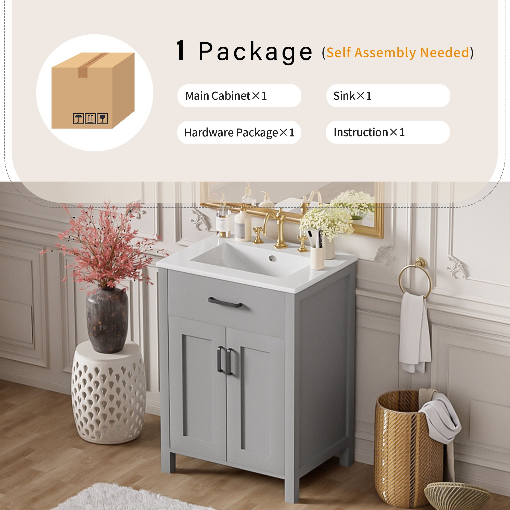Bathroom Vanity Combo With Sink, Space Saving Design - Gray