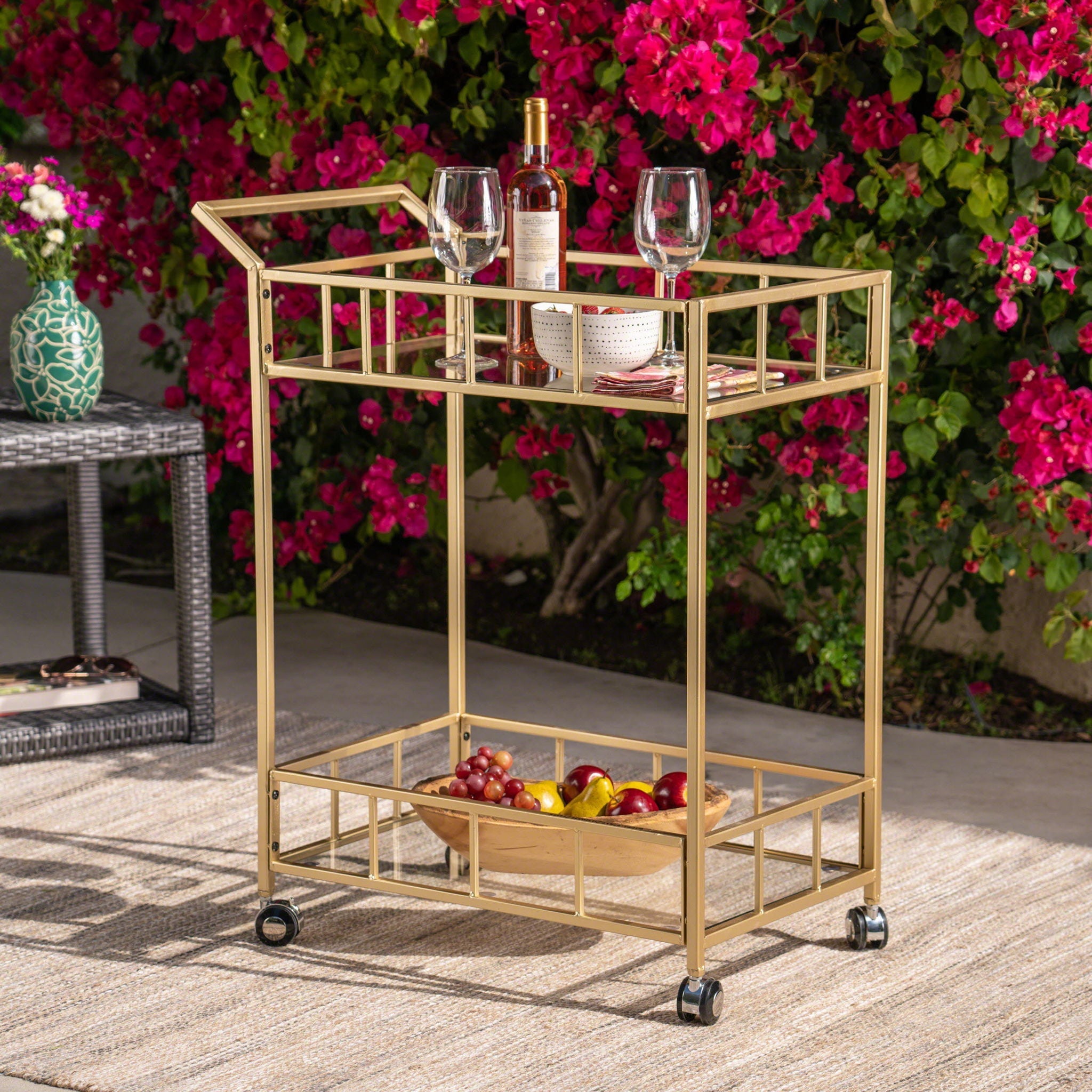Modern Metal and Glass Bar Cart with Rolling Casters - Gold