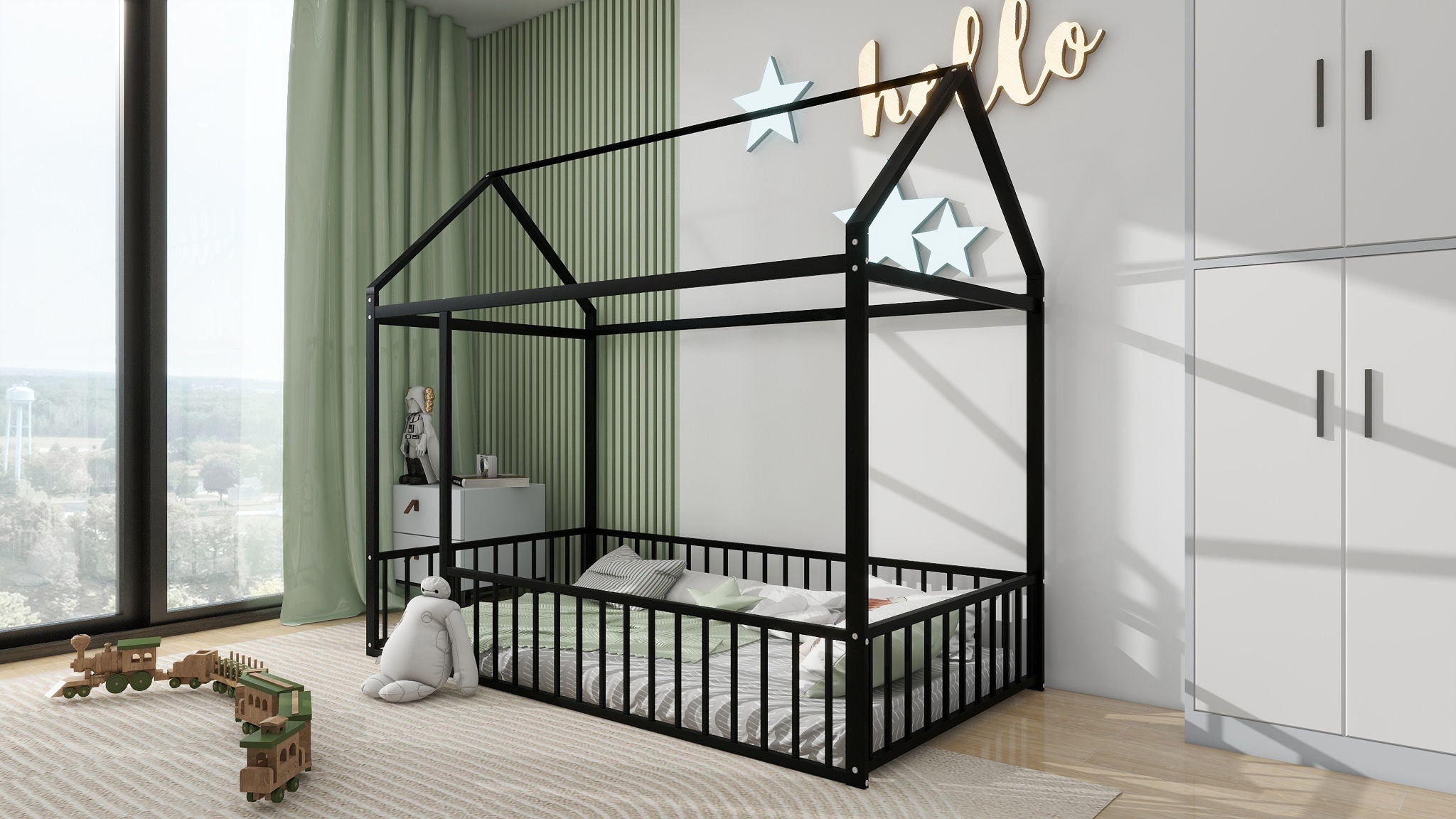 Metal Bed House Bed Frame With Fence