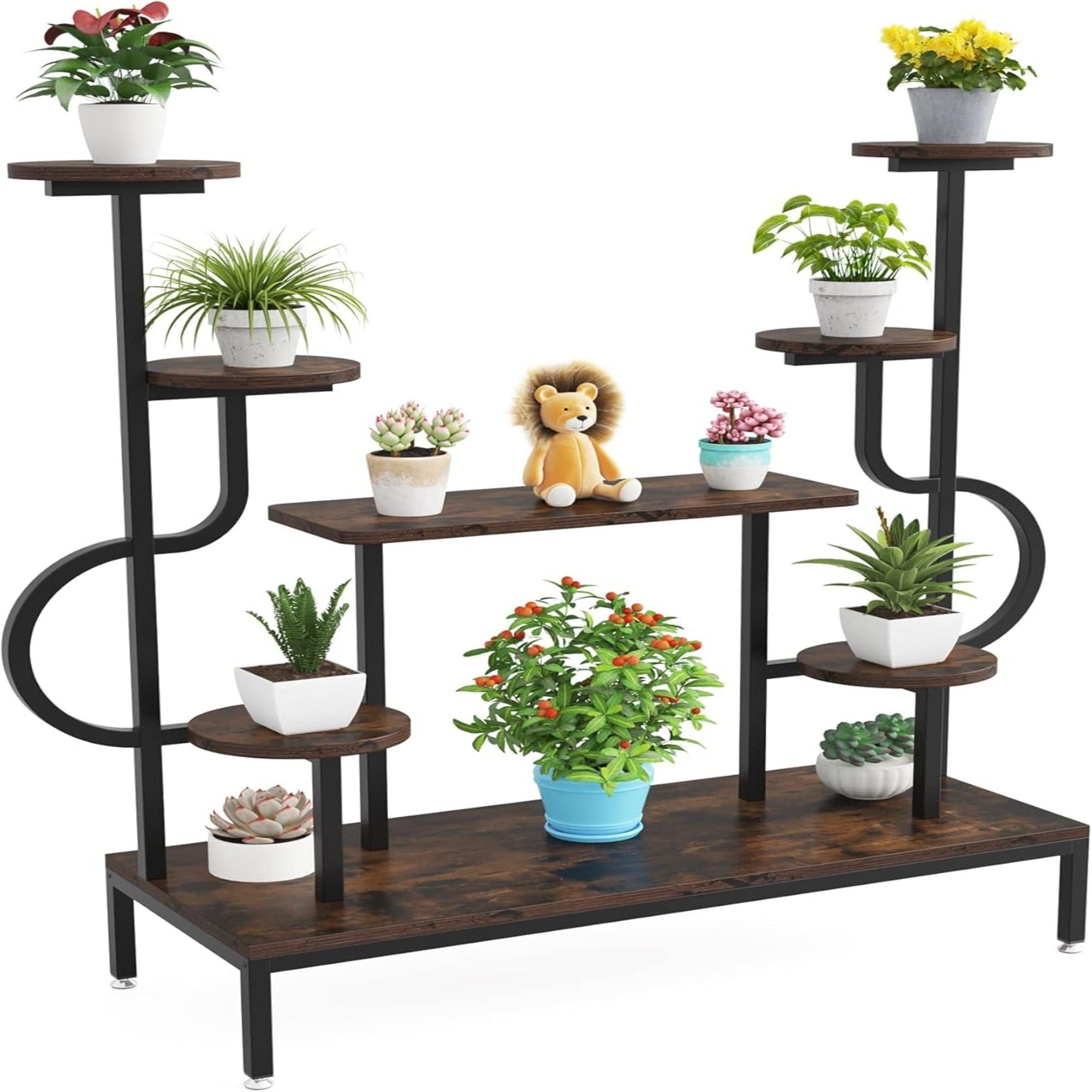 8 Tier Plant Stand With Round And Square Shelves For Living Room, Patio, Balcony & Garden - Brown / Black