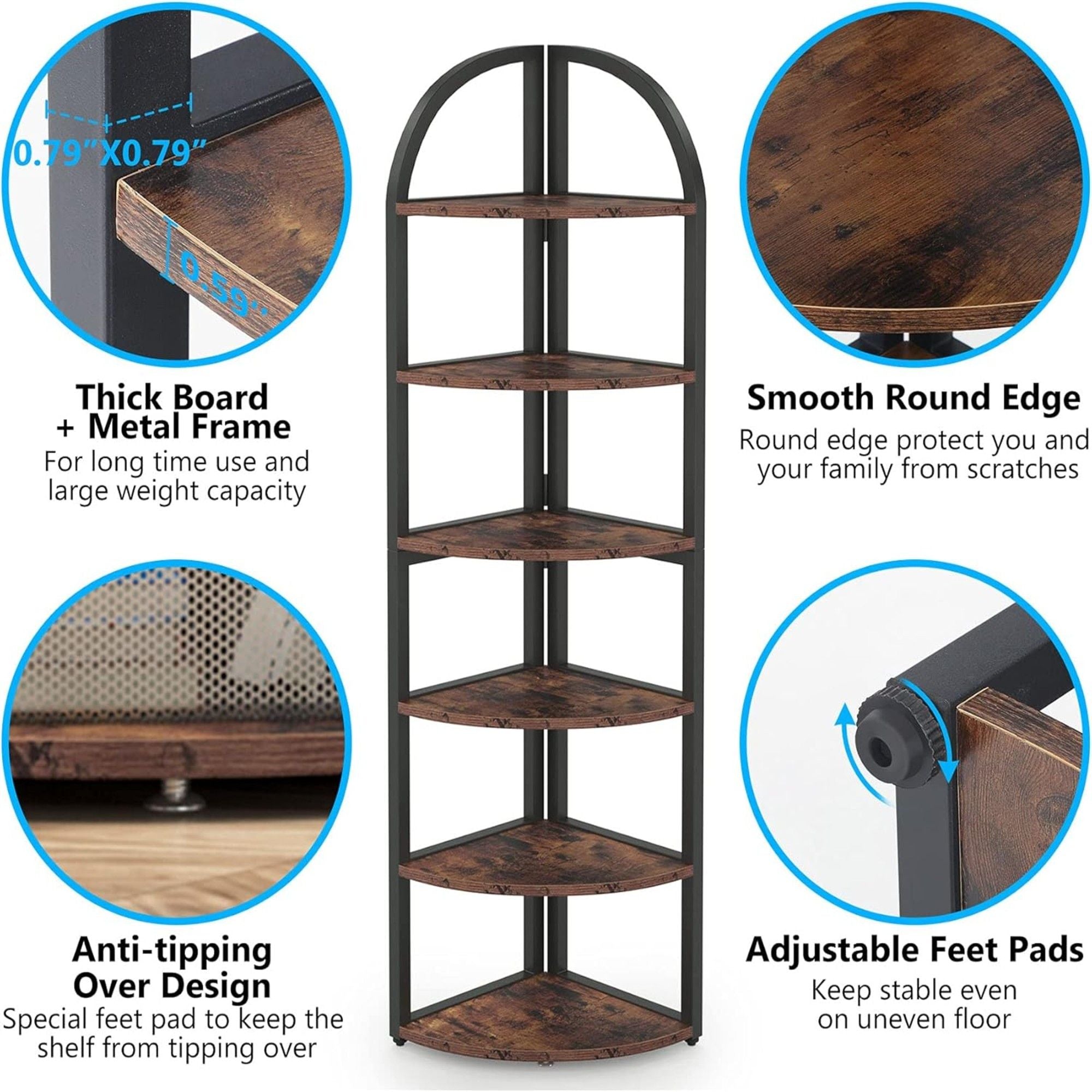 Tall 6 Tier Corner Shelf, Freestanding Bookshelf For Living Room - Rustic Brown