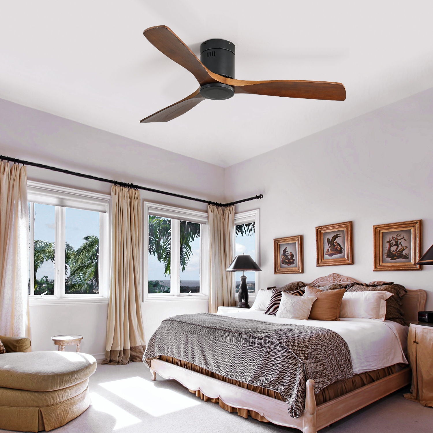 Ceiling Fan With 3 Solid Blades, Remote Controlled Reversible DC Motor - Black