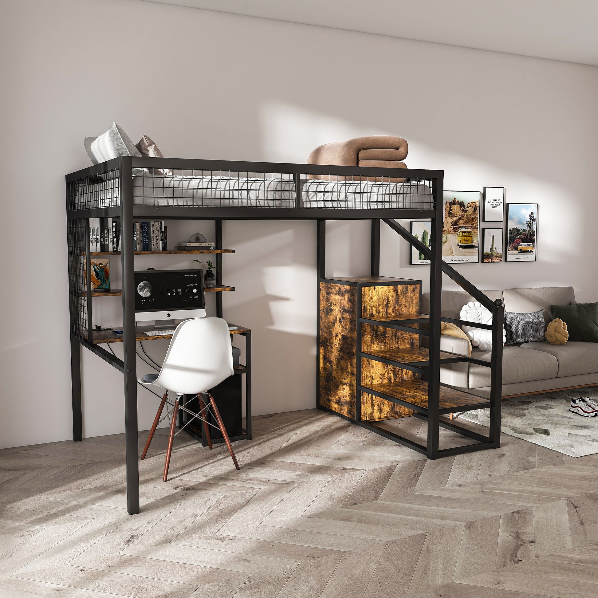 Full Size Loft Bed With Desk & Wardrobe Heavy Frame, Built In Staircase, Storage Rack & Shelves Gaming Bed - Black - Best Buy Furniture
