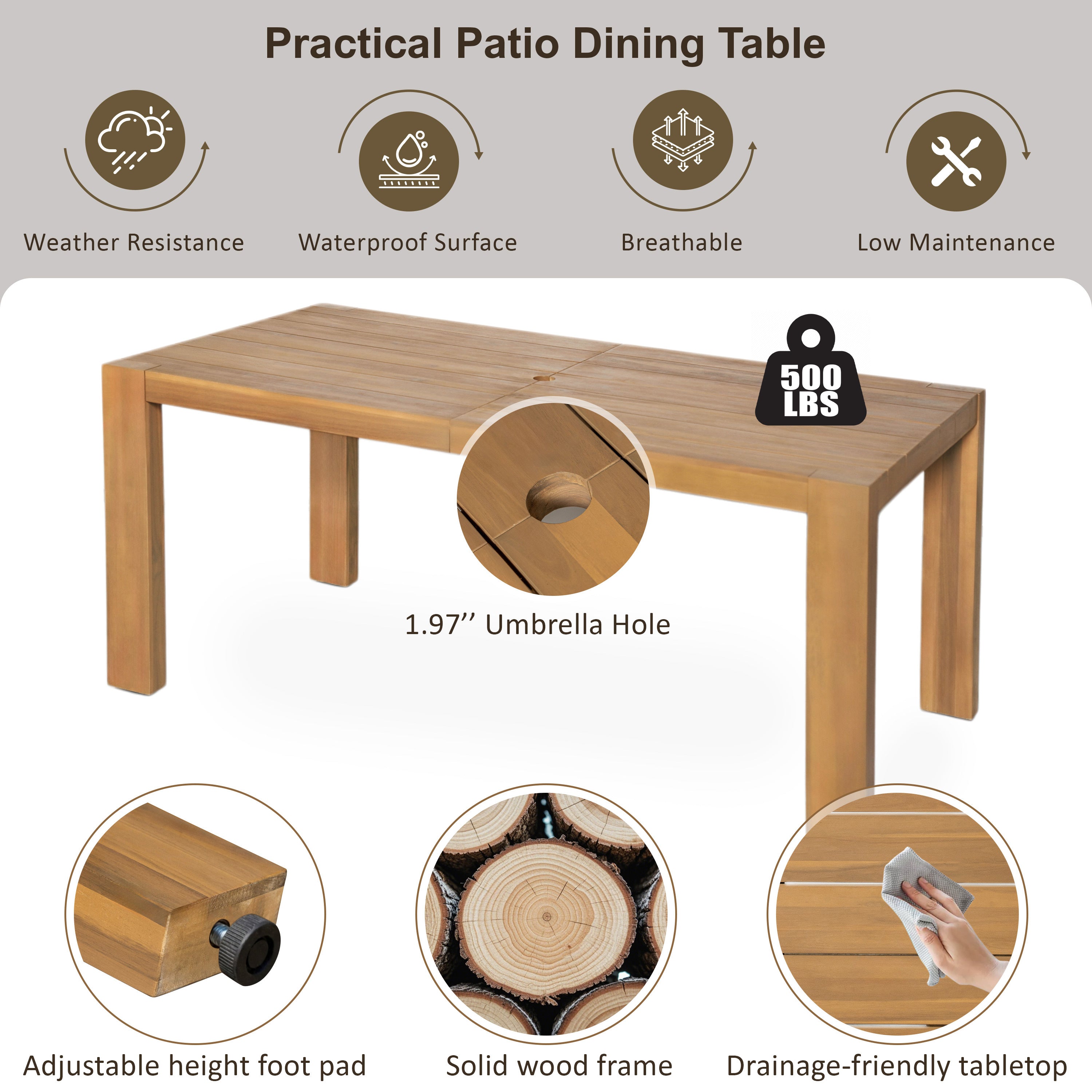 TREXM 7-Piece Patio Dining Table Set for 6,Outdoor Furniture Sets with 72.8'Rectangle Table,Patio Table and Chairs Set with Removable Cushions for Backyard,Garden,Poolside(Light Teak+Beige Cushion)