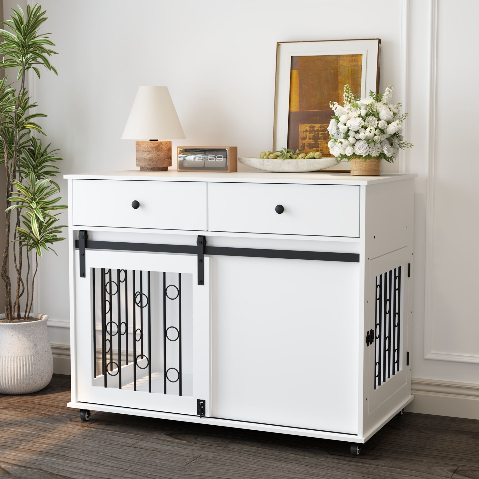 Dog Crate Furniture With Double Drawers And Sliding Barn Door, Pet Kennel For Small To Medium Dogs - White