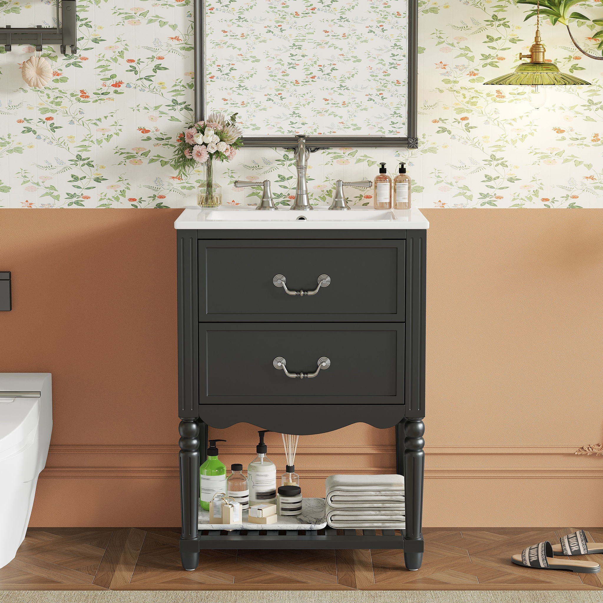 Wave Design Bathroom Vanity With Sink, 2 Drawers And Open Shelf