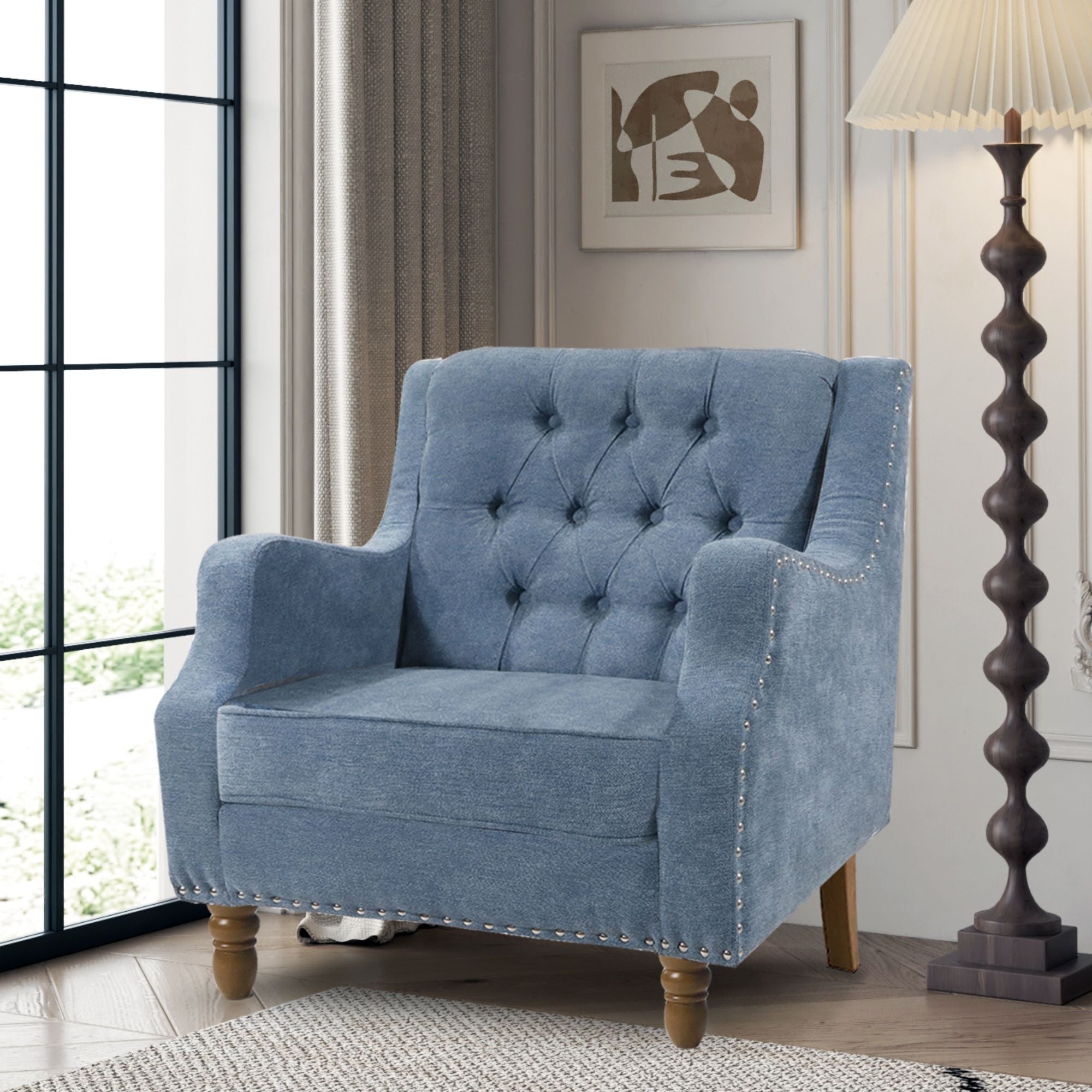 Accent Chair, Living Room Chair, Footrest Chair Set With Vintage Brass Studs, Button Tufted Upholstered Armchair For Living Room, Comfy Reading Chair For Bedroom, Reception Room - Best Buy Furniture