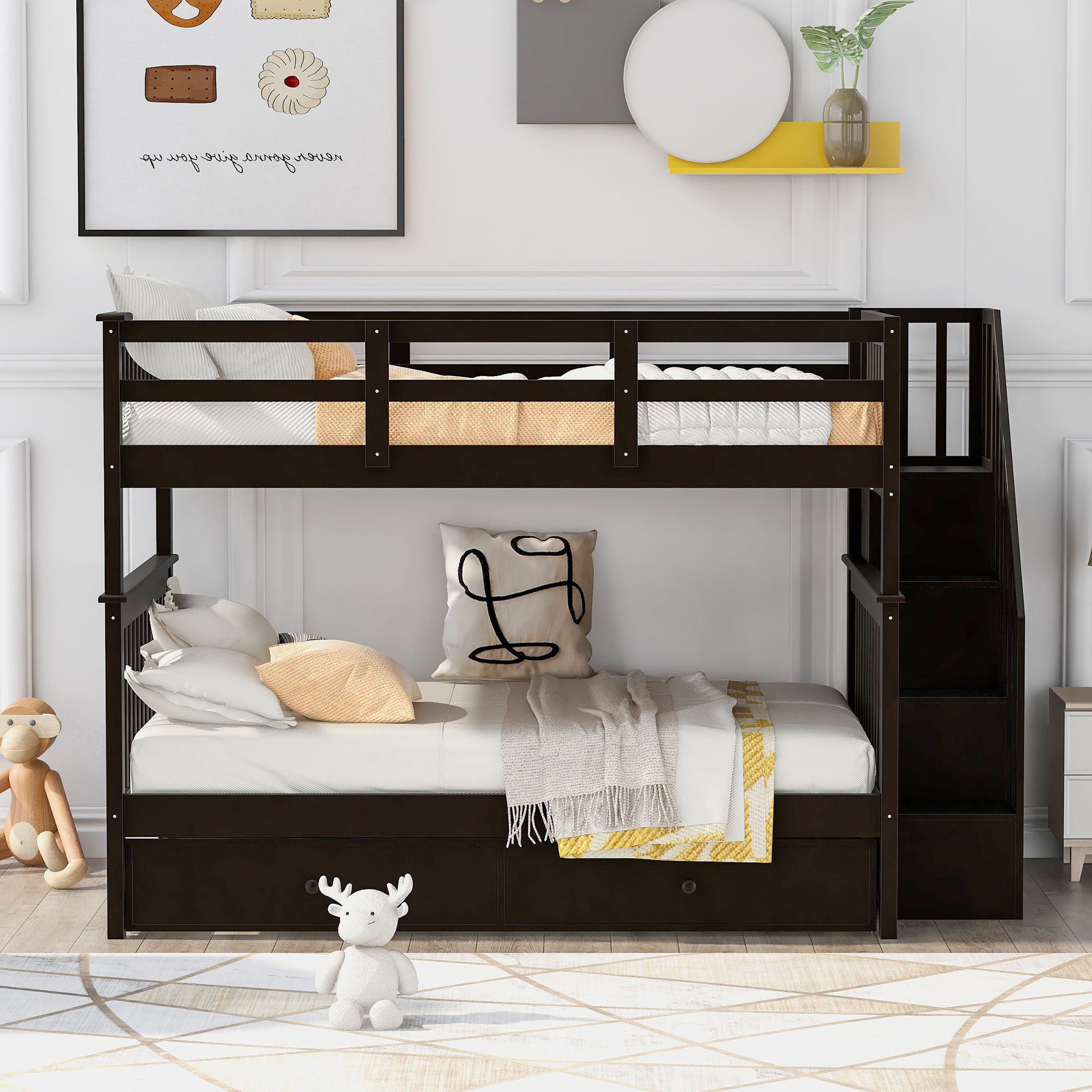 Stairway Bunk Bed With Storage And Guard Rail For Bedroom