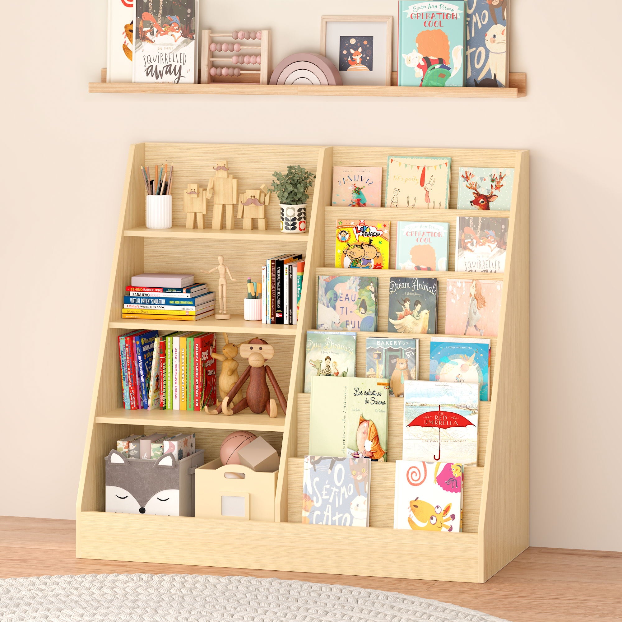Bookshelf And Toy Storage Organizer, 4 Tier Bookcase With Display Stand For Playroom