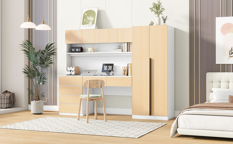 2 Door Storage Desk Wardrobe For Bedroom With Shelves And Drawers