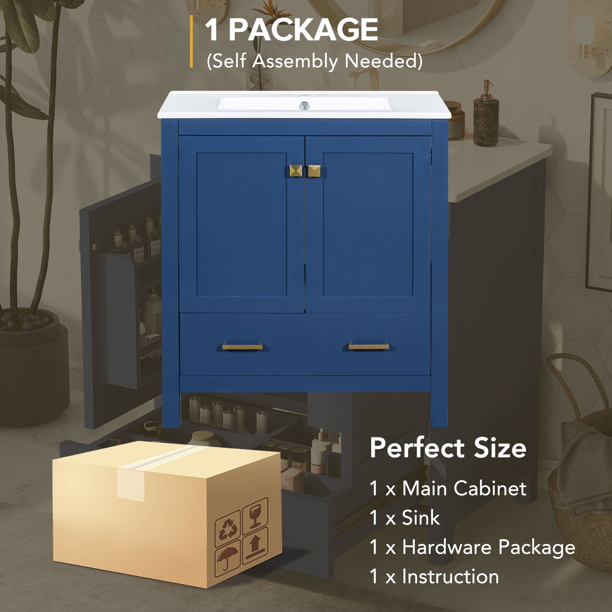Bathroom Vanity With Single Sink, Combo Cabinet Undermount Sink, Bathroom Storage Cabinet With Two Doors And A Drawer, Soft Closing, Multifunctional Storage, Solid Wood Frame