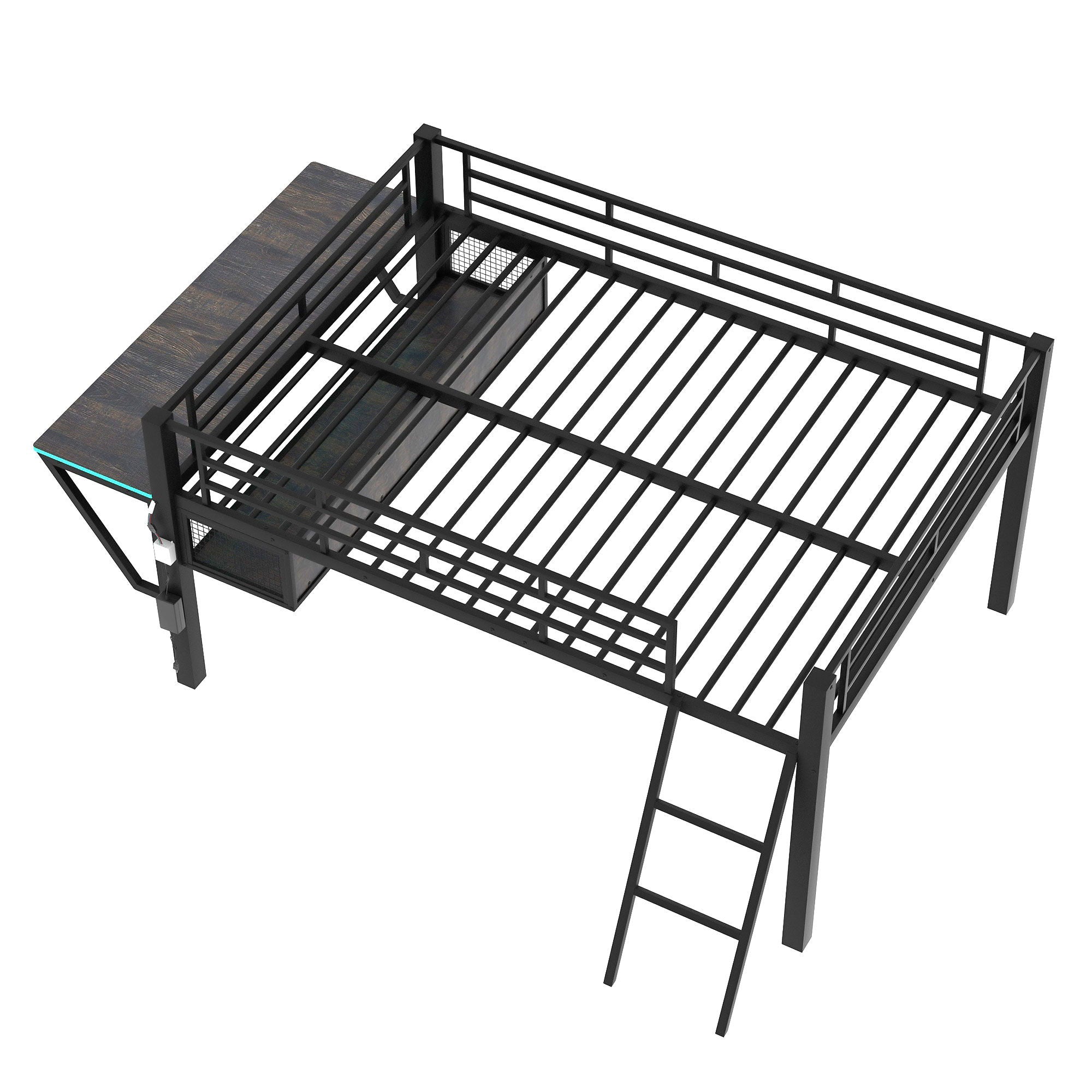 Modern Gaming Mid Loft Bed With Desk And LED Lights