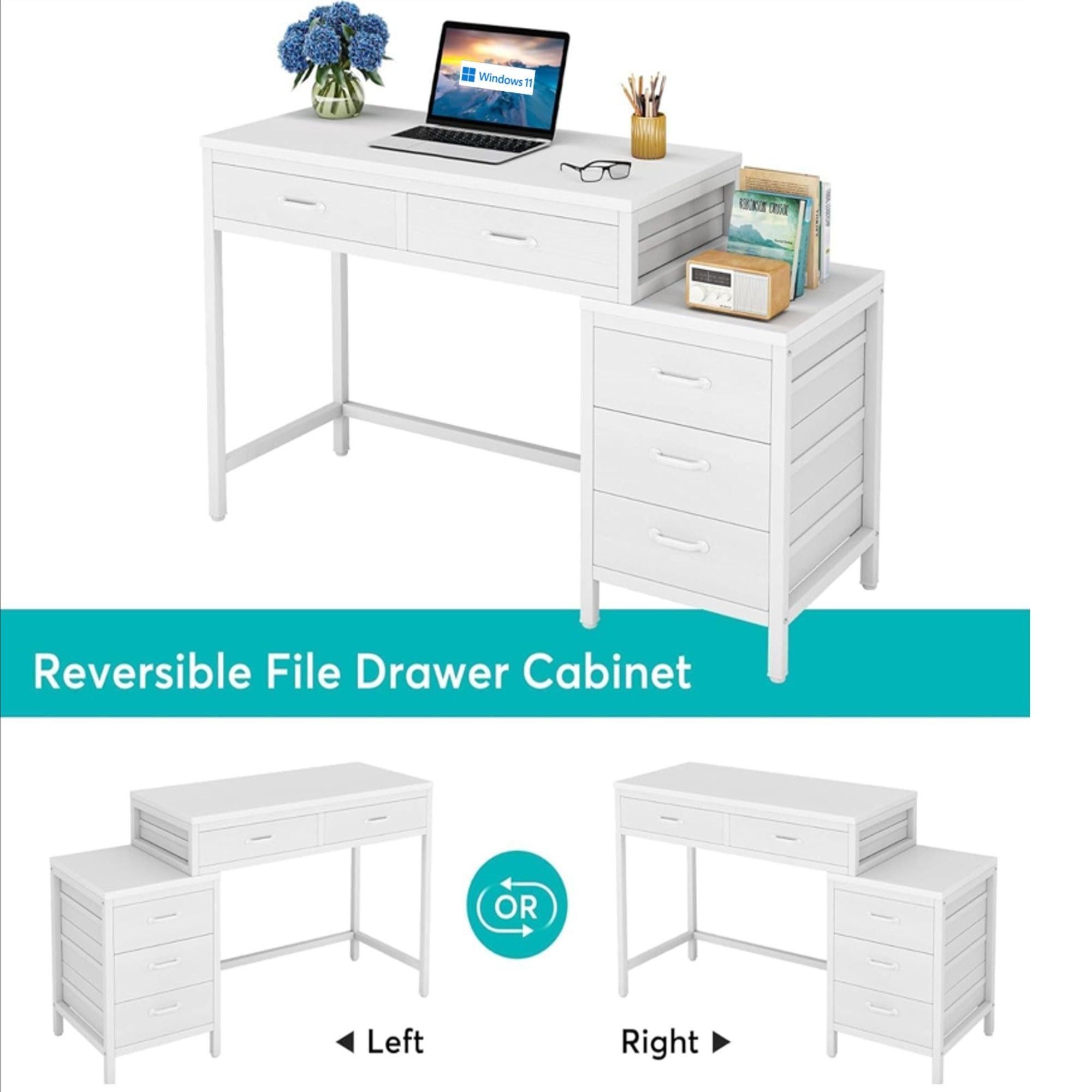 Computer Desk With Reversible 5 Drawer Storage, Frame Writing Table For Small Spaces