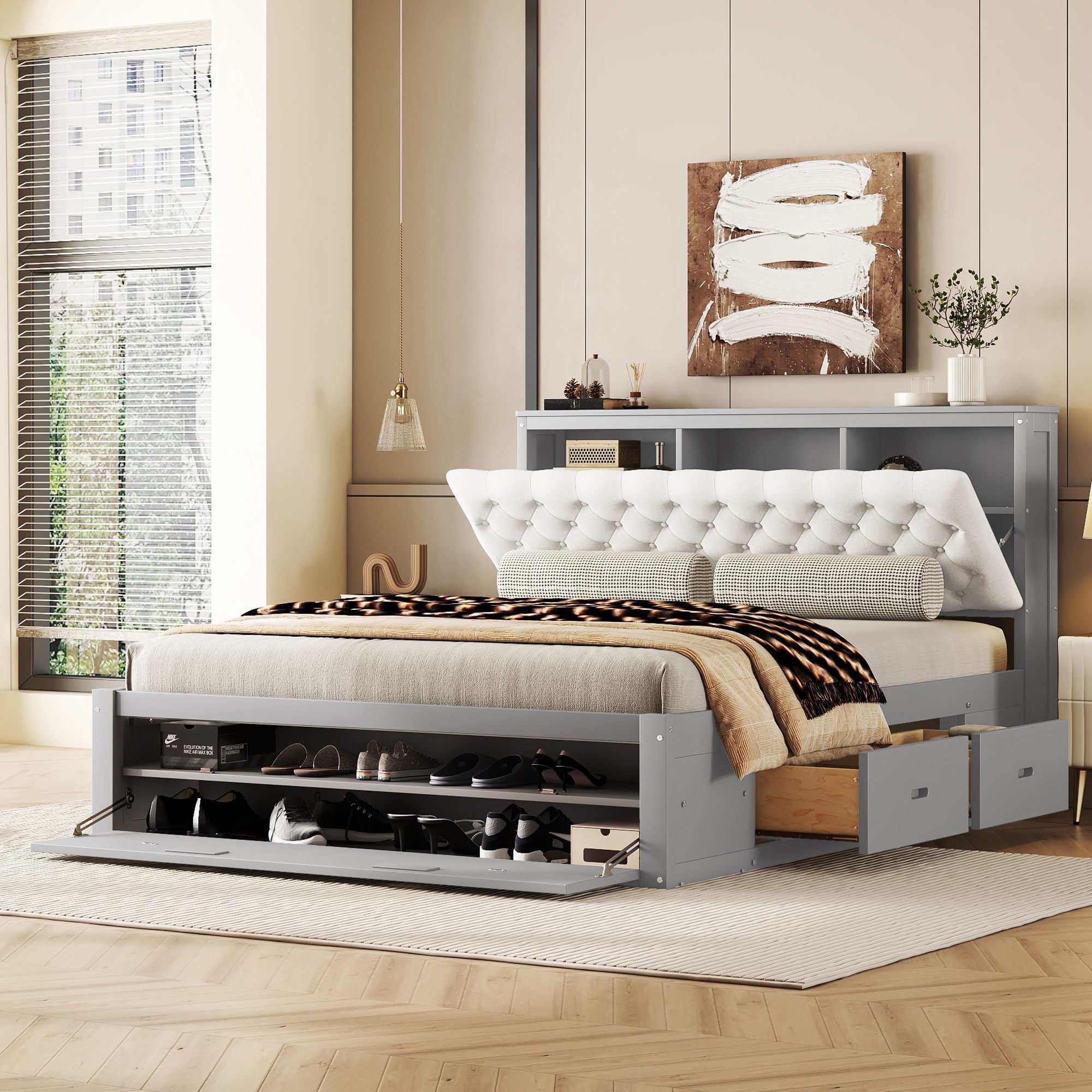 Platform Bed With Storage Headboard, Shoe Rack And 4 Drawers