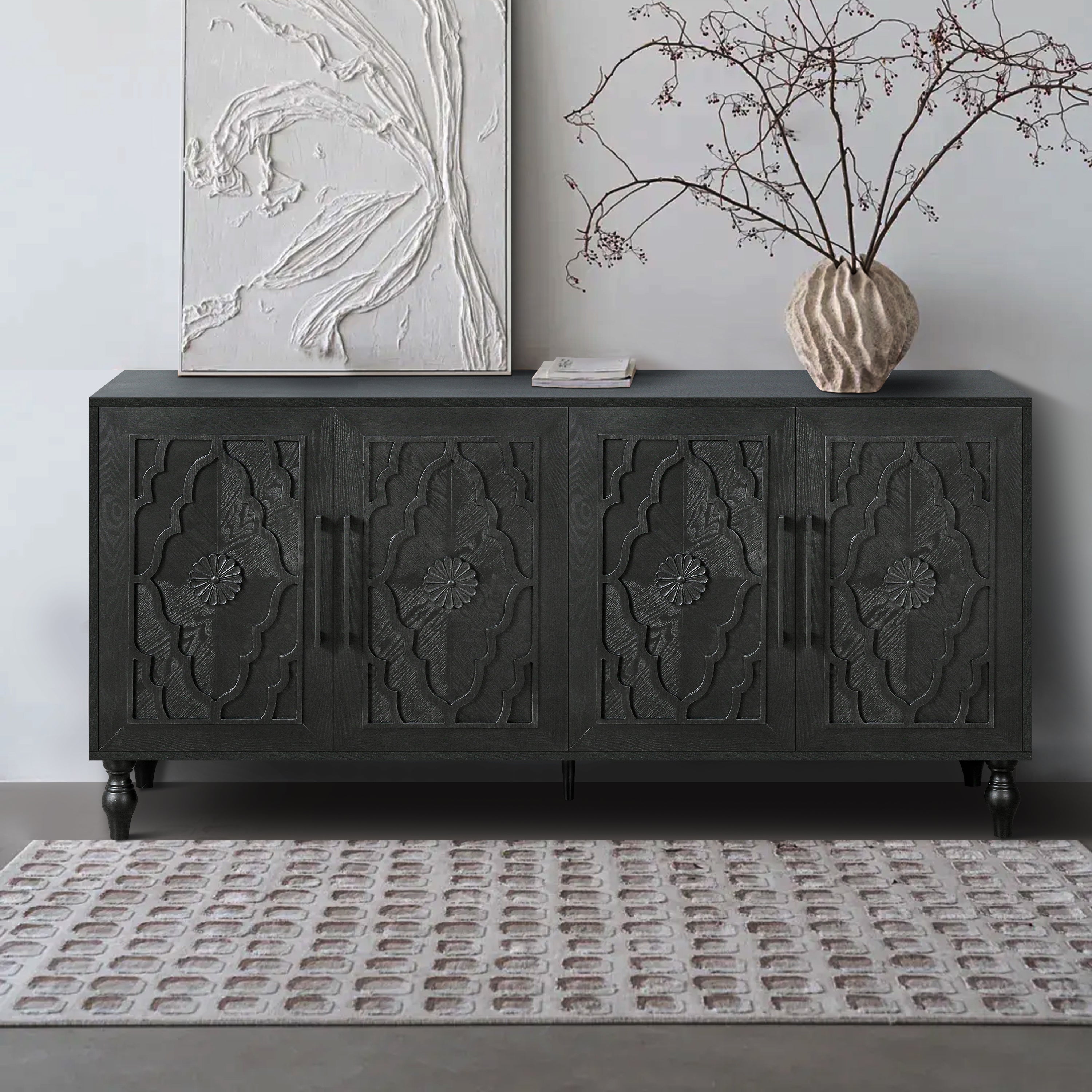 Carved flower door large storage cabinet with metal handle (black)