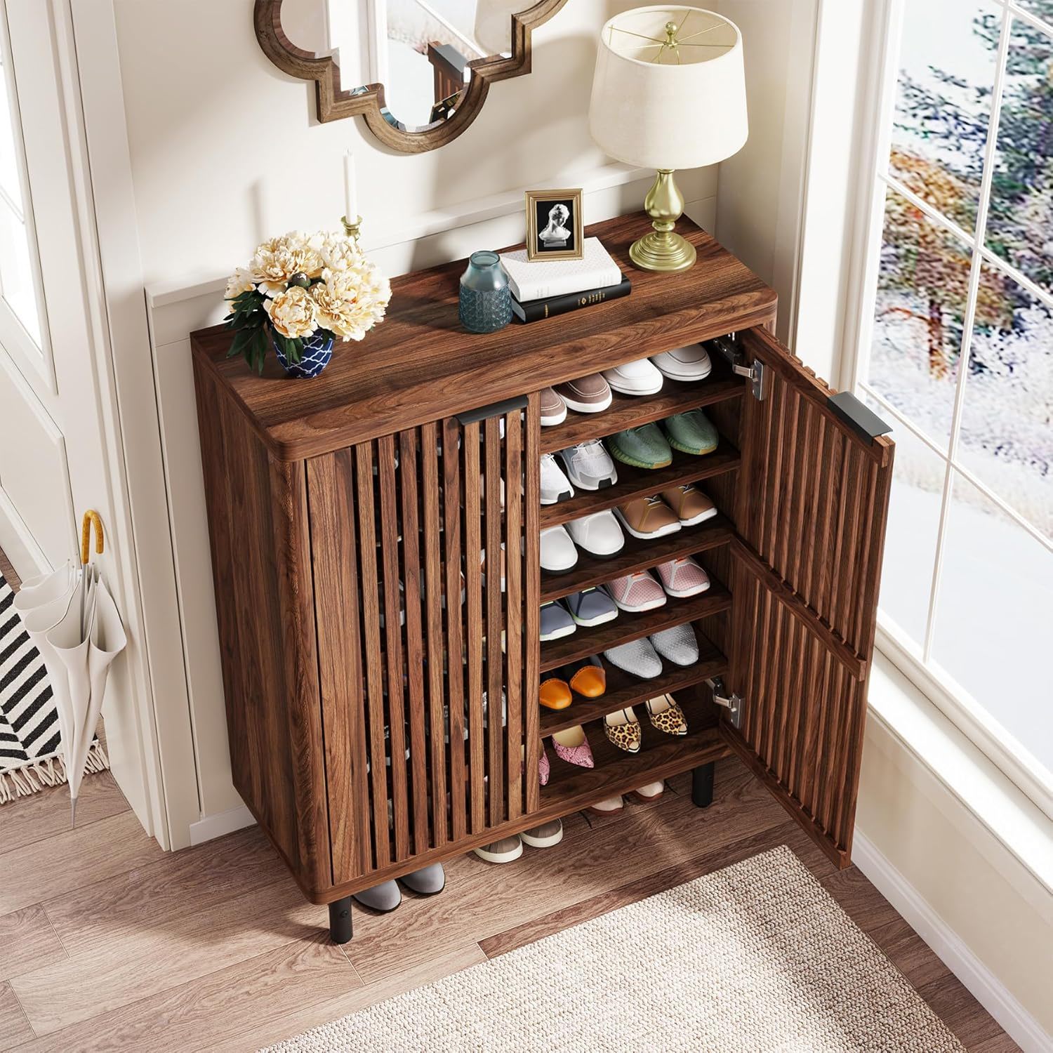 6 Tier Shoe Cabinet With Louvered Doors