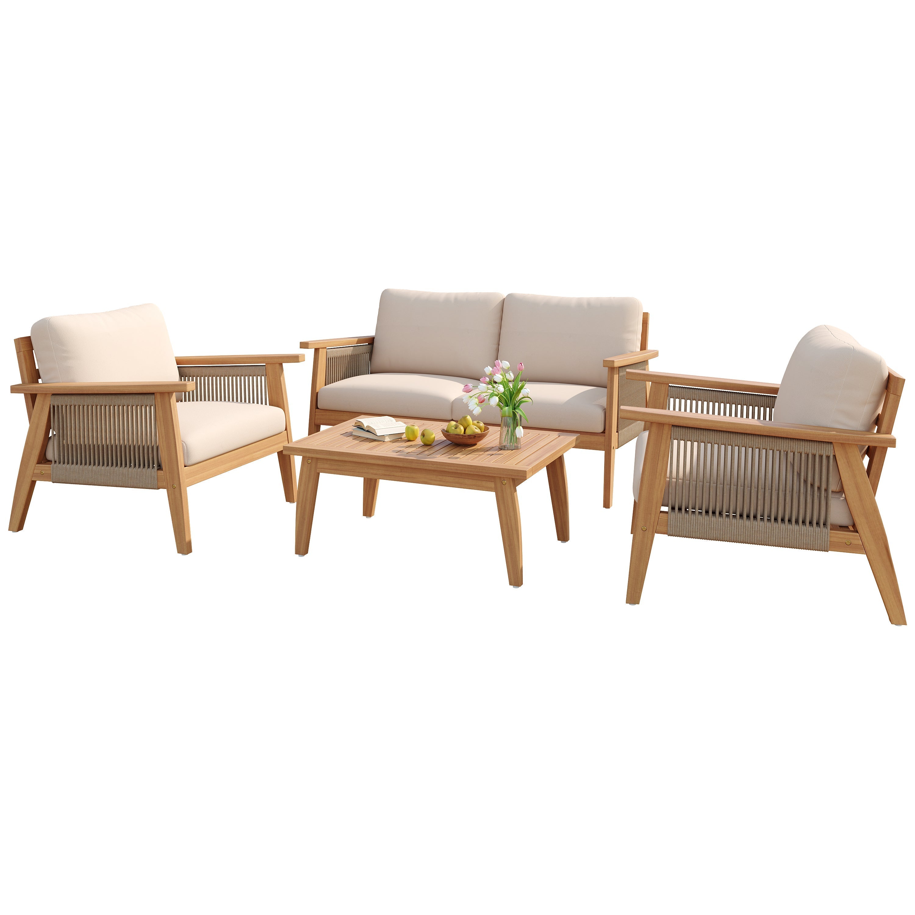 Outdoor 4pc Acacia Wood and Rope Sectional Patio Sofa Set