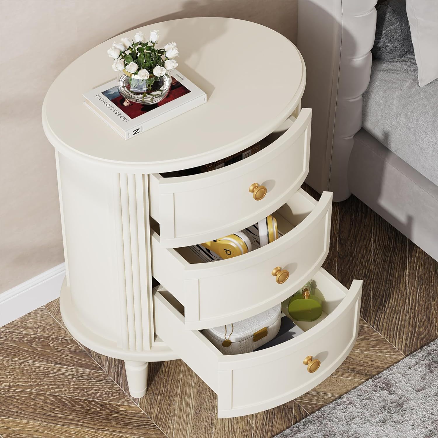 Oval Nightstand With 3 Drawers, Bedside Table - White