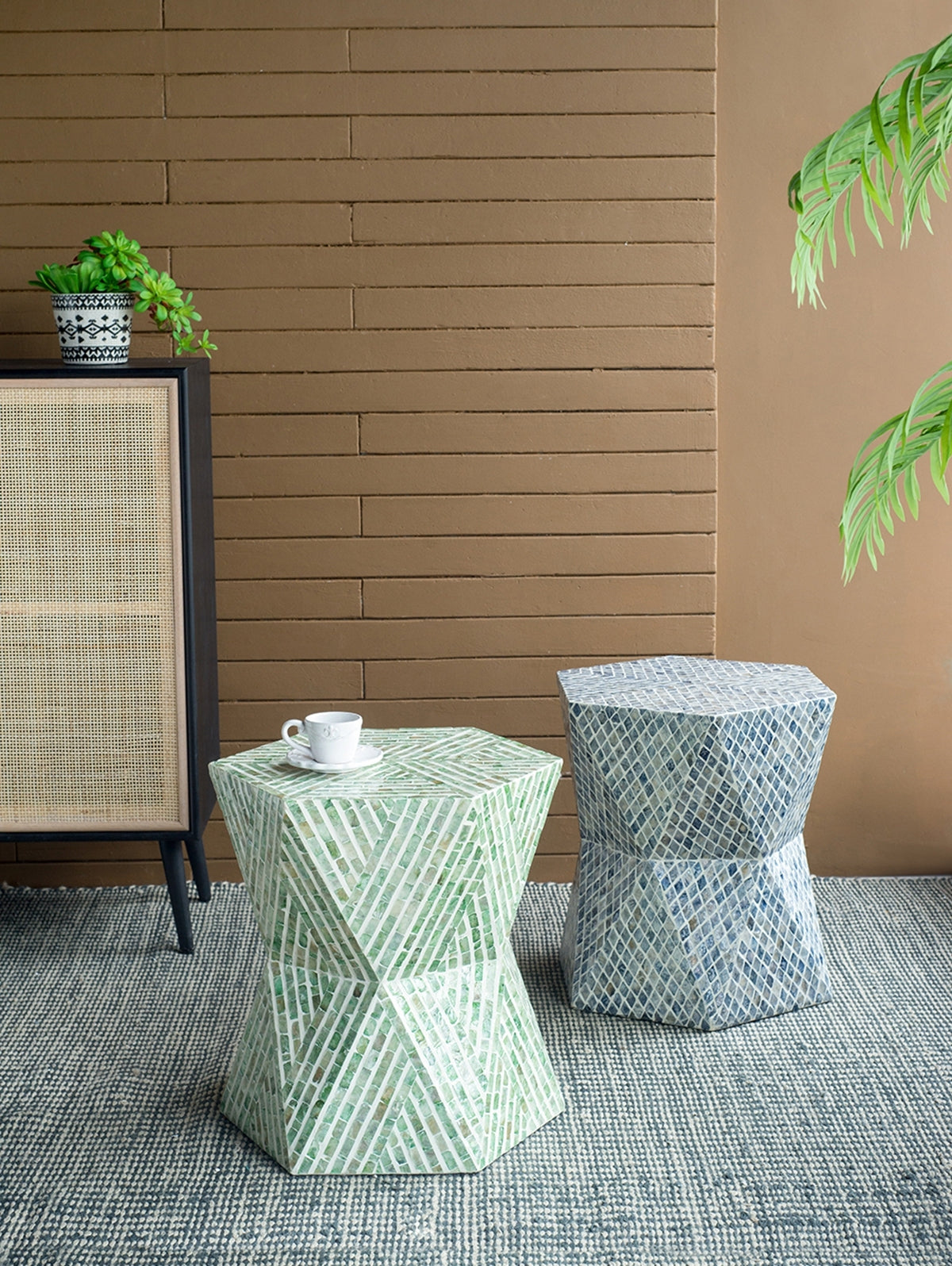 19x19x20" Tapered Blue Garden Capiz Stool, Accent Side Table