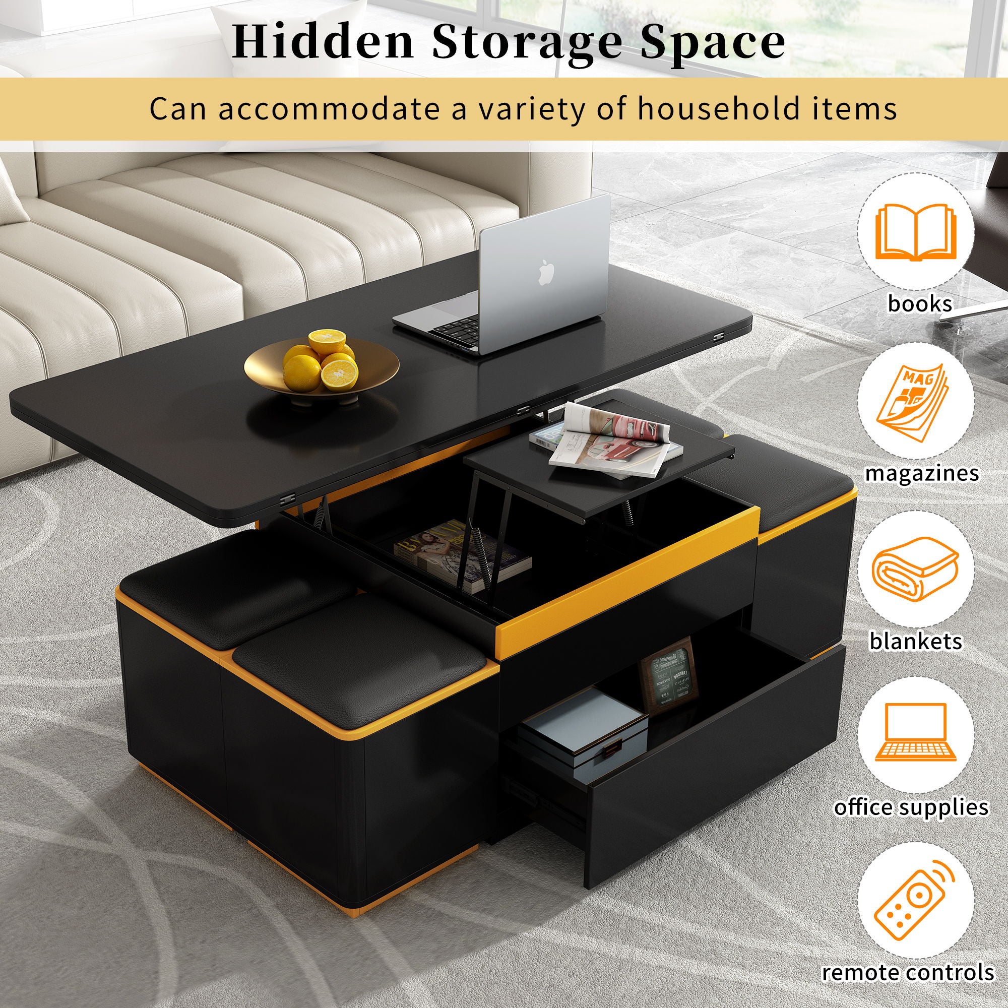 Multi Functional Adjustable Coffee Table With 4 Storage Stools