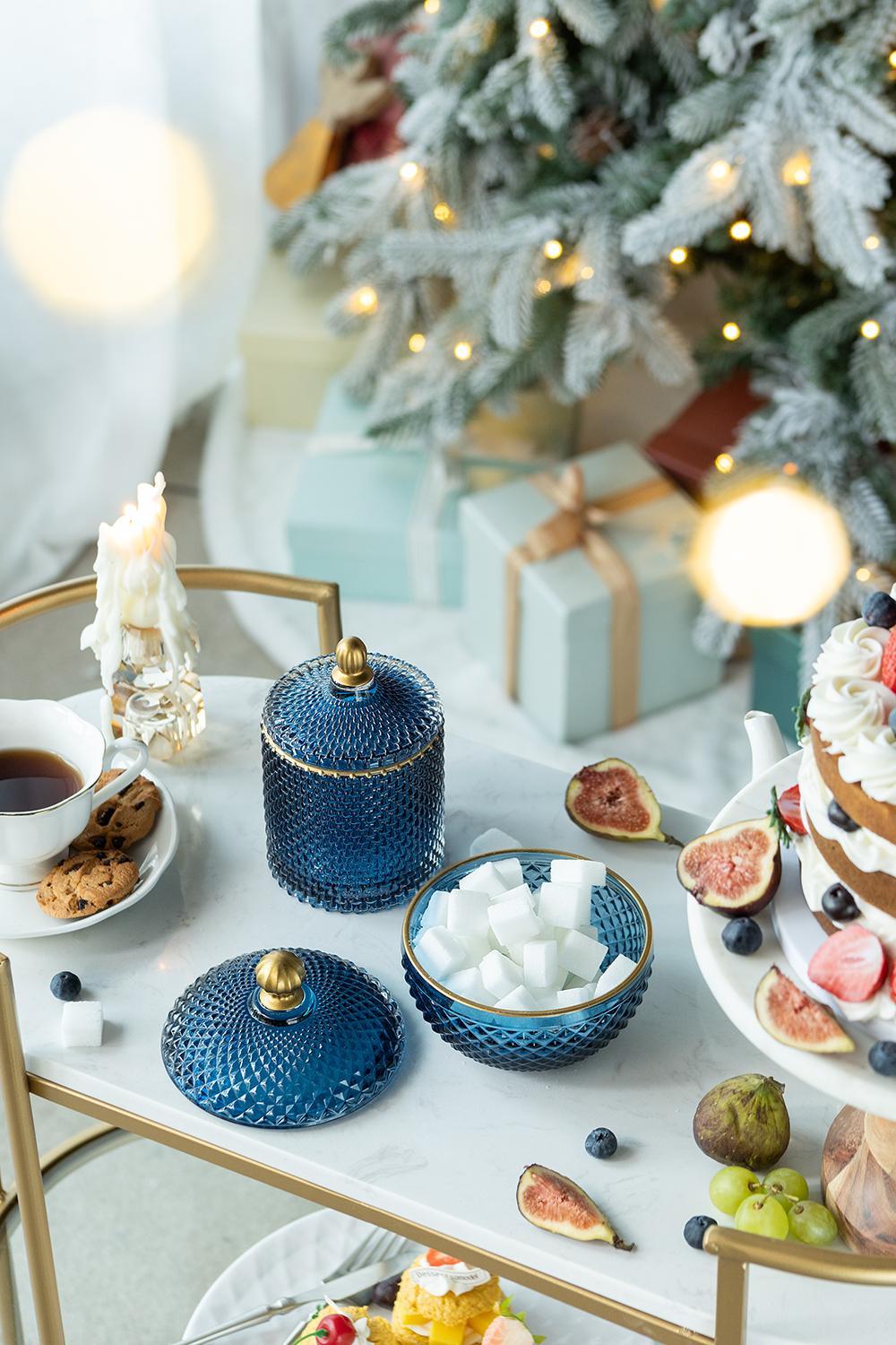 Glass Candy Jar With Lid, Christmas Candy Jar Containers (Set of 2) - Gold / Blue