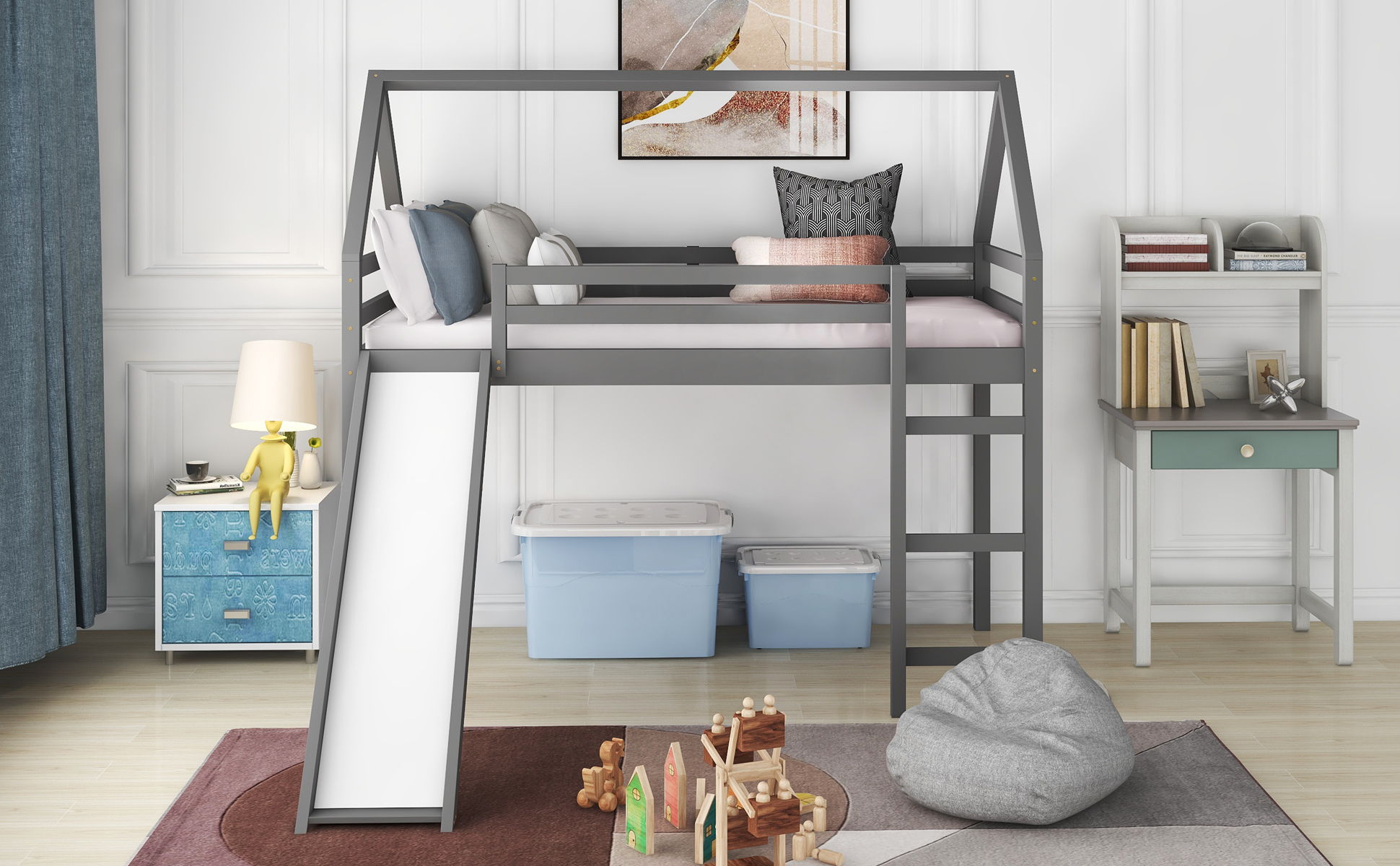 Twin Size House Loft Bed With Slide - Gray