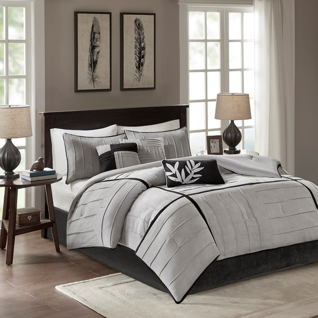 7 Piece Faux Suede Comforter Set Grey Queen