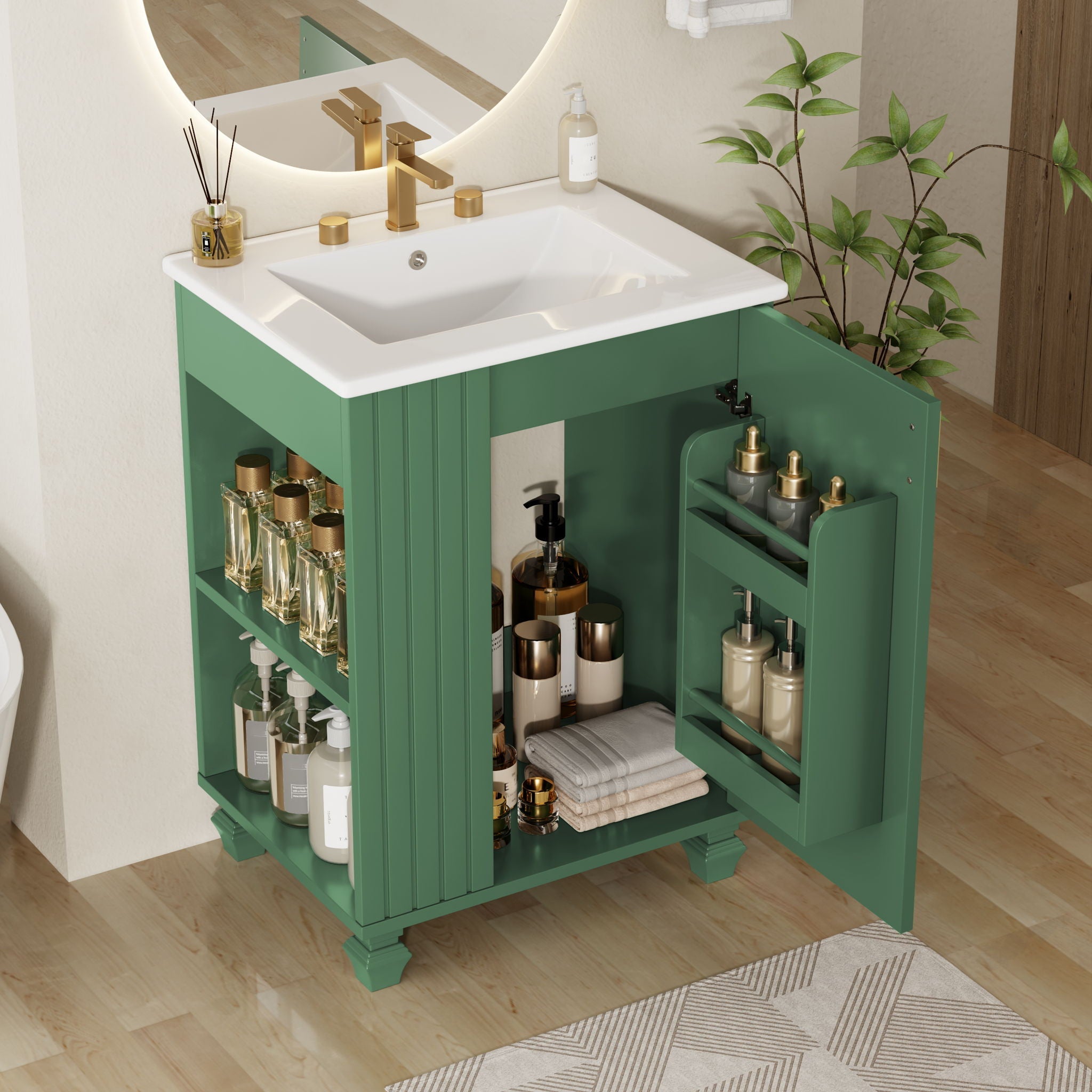 Classic Retro Bathroom Vanity With Sink, Door Shelf, Side Open Storage Frame