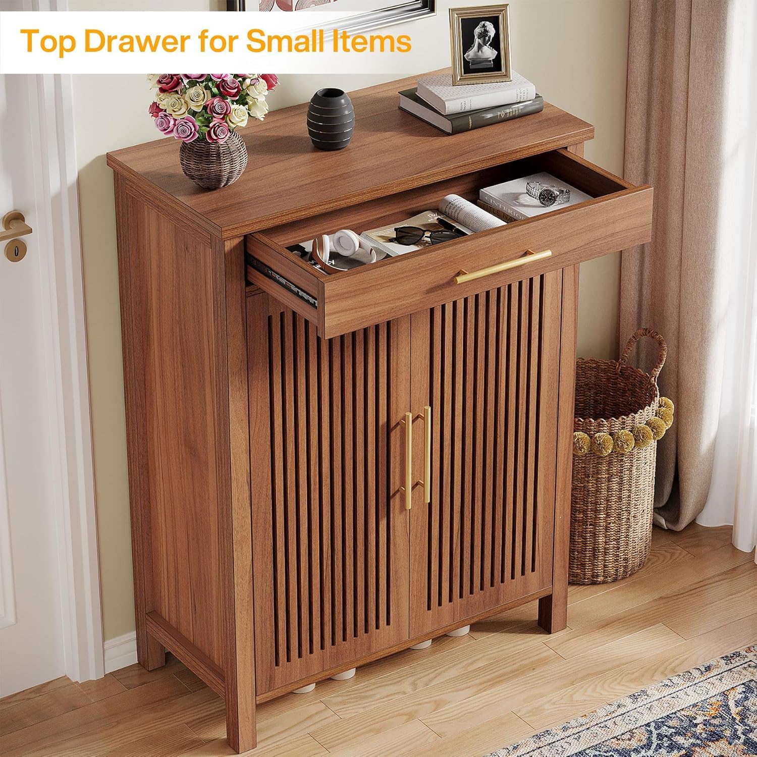 5 Tier Shoe Cabinet With Louvered Doors And Drawer, Freestanding Organizer With Adjustable Shelves For Entryway - Brown
