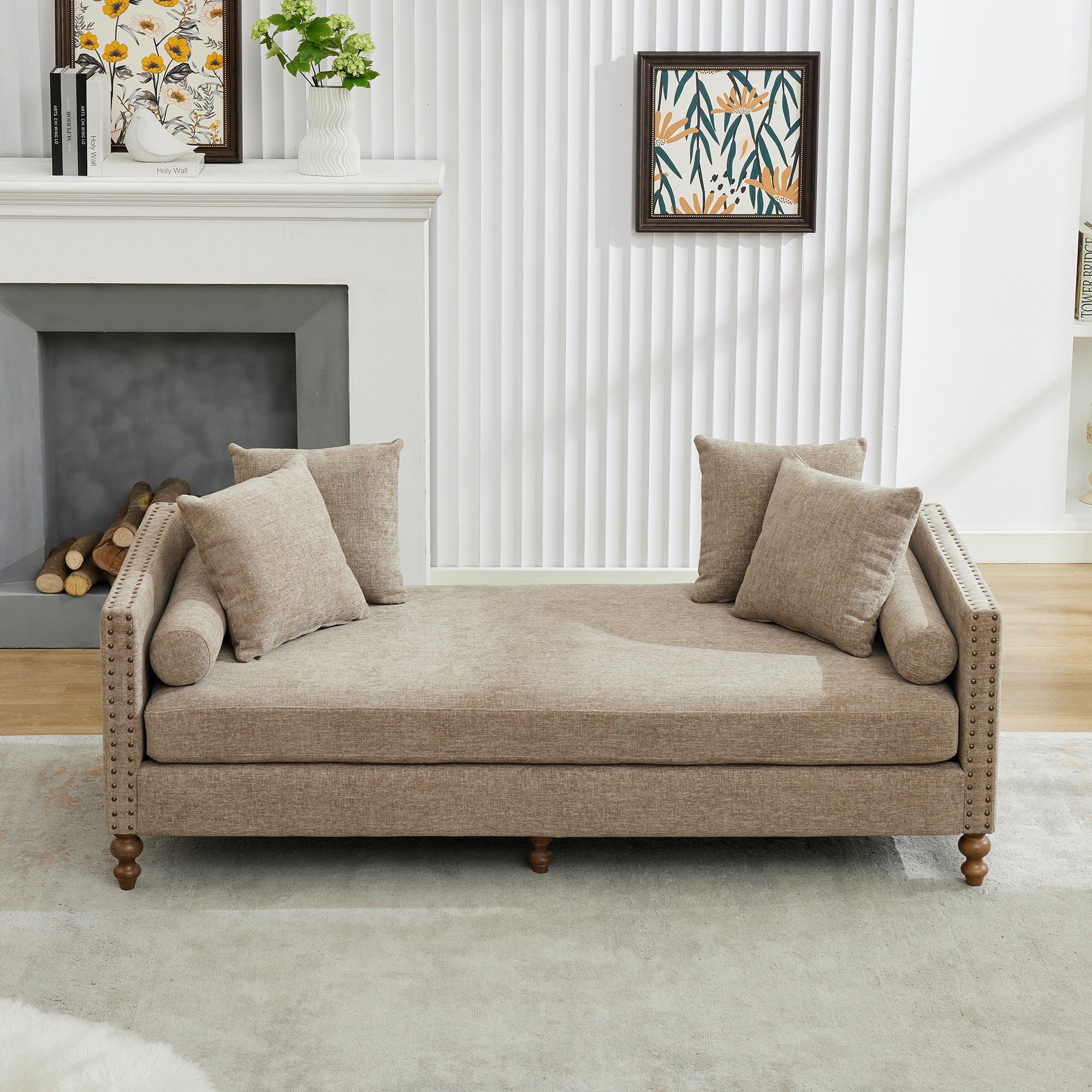 Upholstered Chaise Lounge Indoor With Nailheads, Sleeper Sofa Couch With 4 Throw Pillows & 2 Bolsters, Daybed With Rubberwood Legs