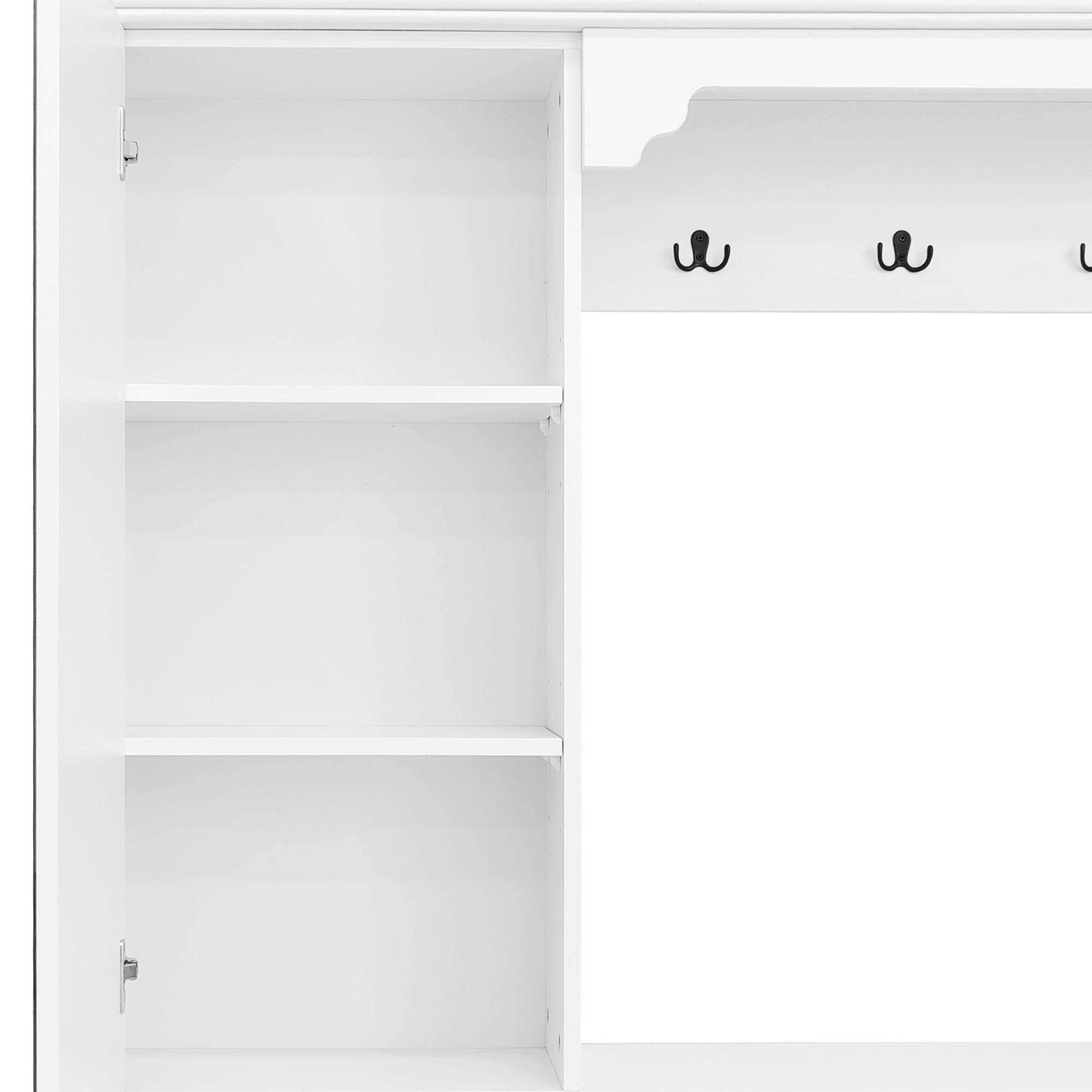 Hall Tree With Integrated Shoe Cabinet And Mirrored Cabinet Door, Coat Hanger, Entryway Bench, 4 In 1 Design, 2 Flip Drawers, 4 Hooks And 2 Cabinets For Entrance, Living Room - White