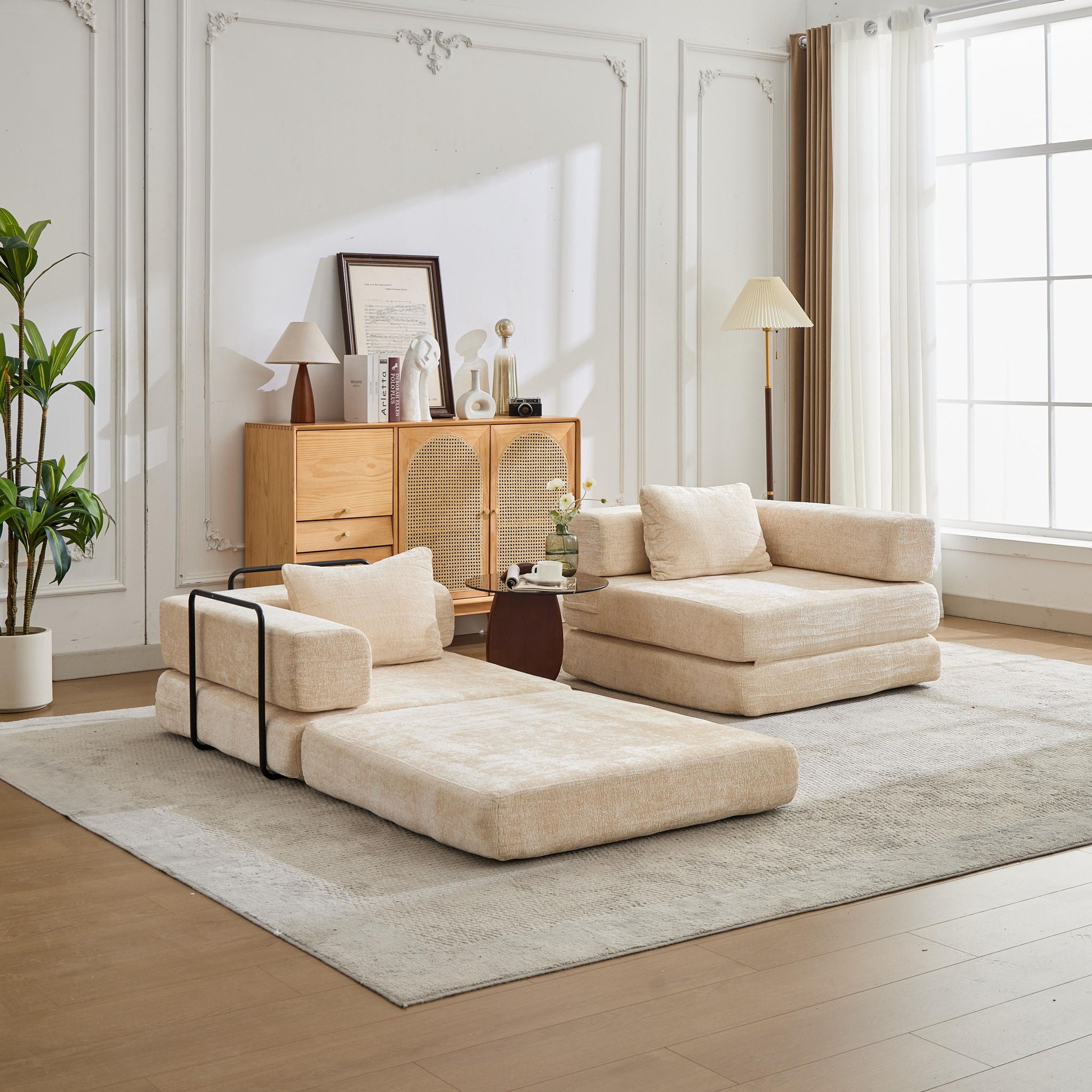 Convertible Floor Sofa Bed With Fixed Shape Frame, Loveseats Boneless Modular Sectional, For Living Room - Beige