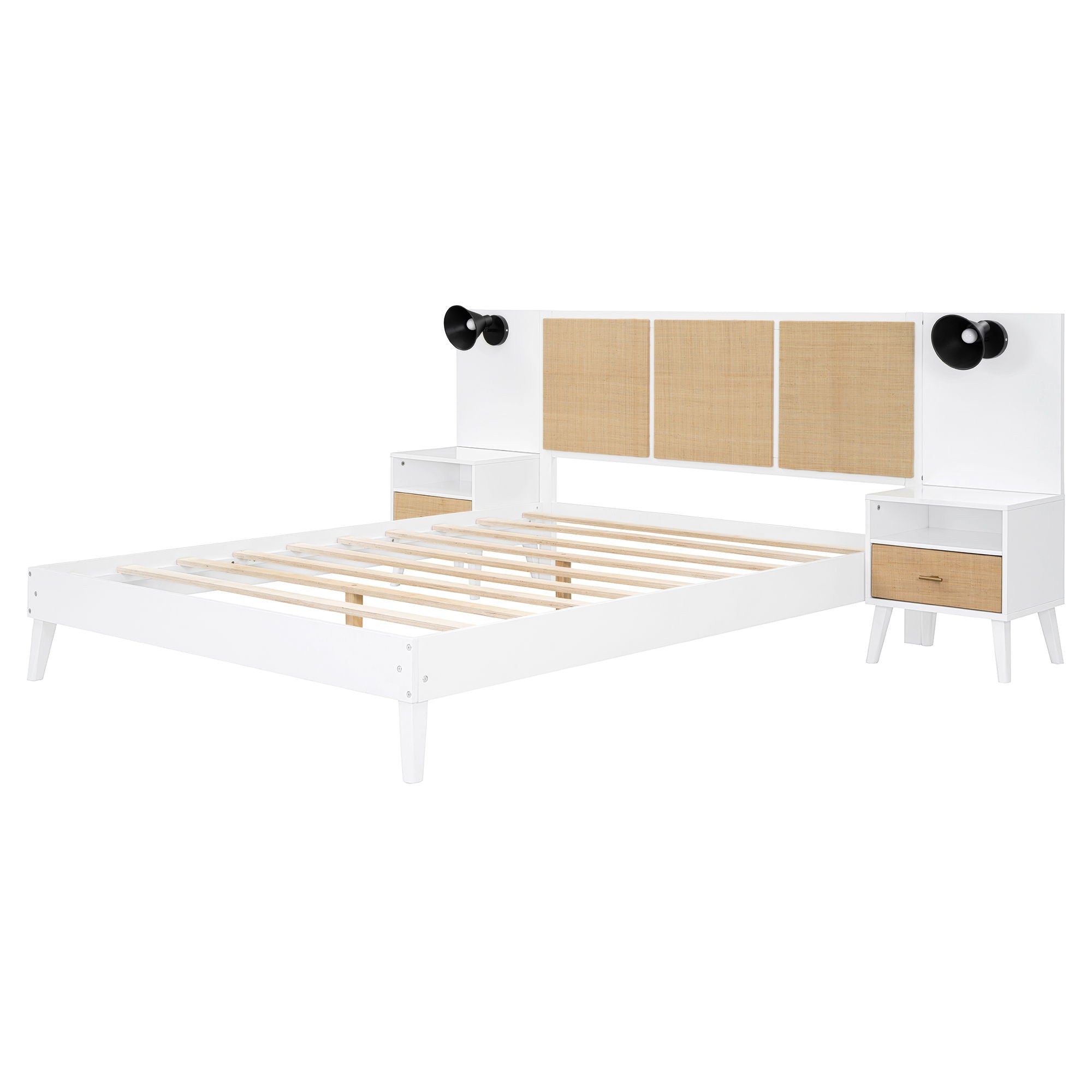 Bed Frame With 2 Nightstands Elegant Design With Lamps