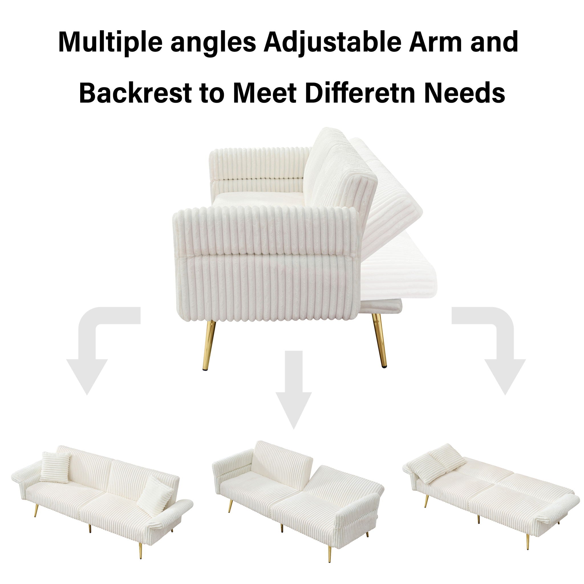 Luxury Corduroy Foldable Double Sofa Bed With Folding Armrests