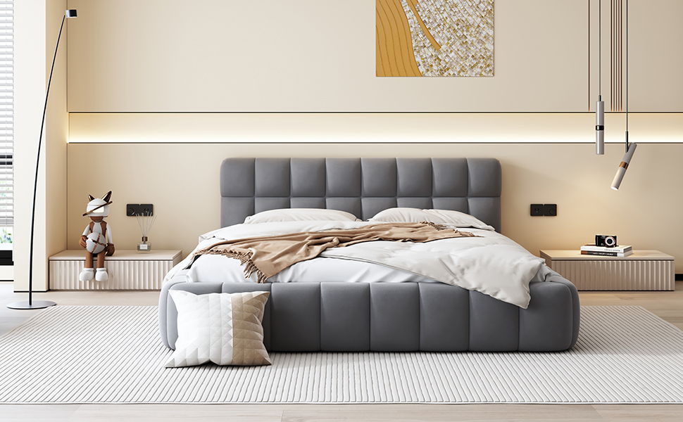 Upholstered Platform Bed With Thick, Grounded Bed With Solid Frame
