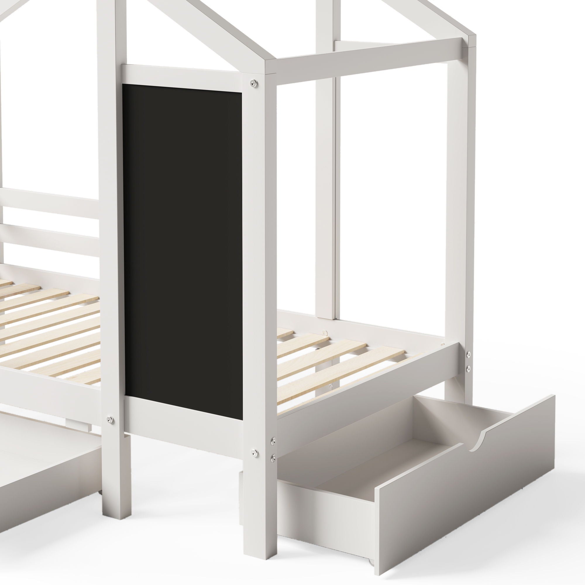 Twin House Bed With Blackboard And Drawers, 2 Assembly Options - White