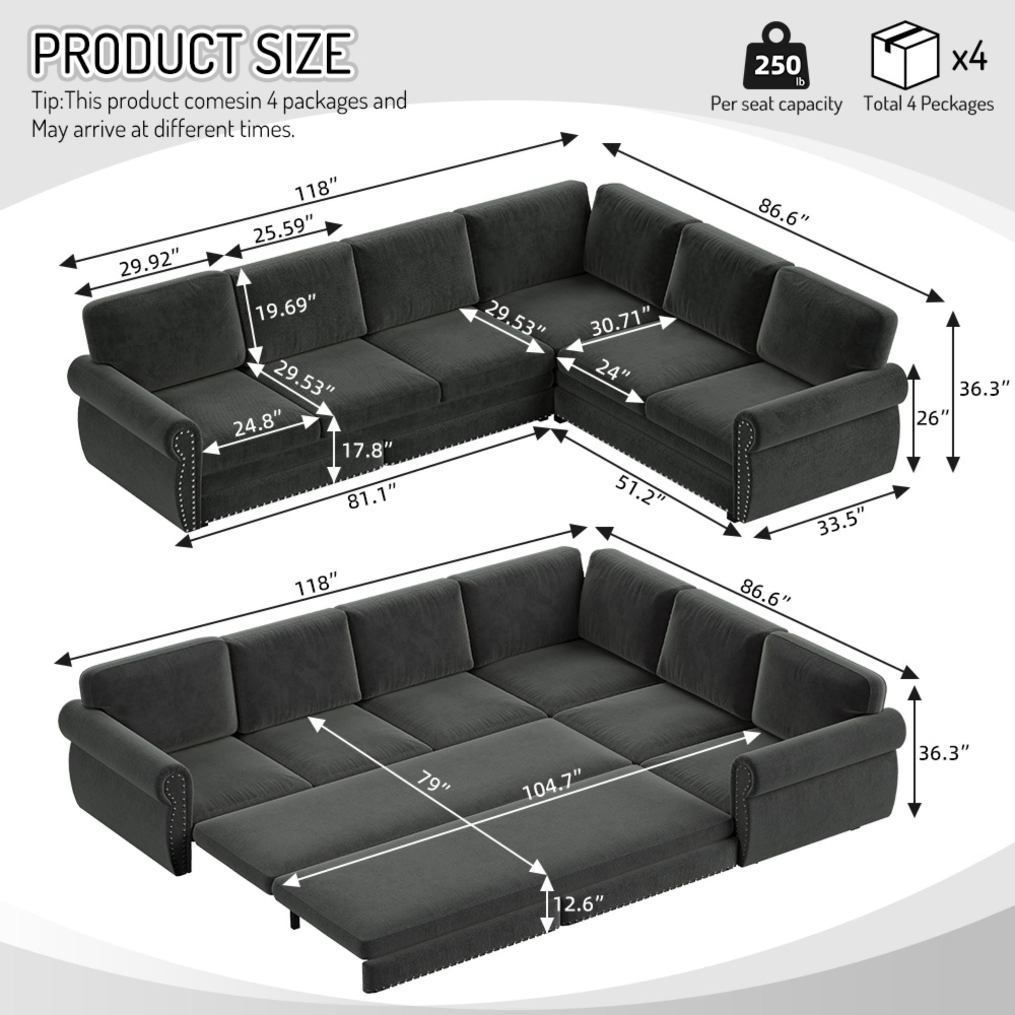 L-Shaped Sofa Couch With Pull Out Bed With Nailhead Trim & Rolled Arm, Sectional Couches, For Living Room - Dark Gray