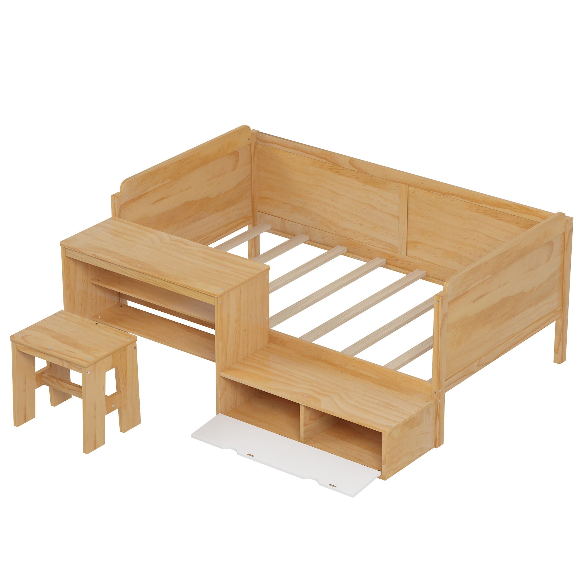 Daybed With Storage Shelves And Lockers, Multi Functional Bed With Study Desk And Matching Stool