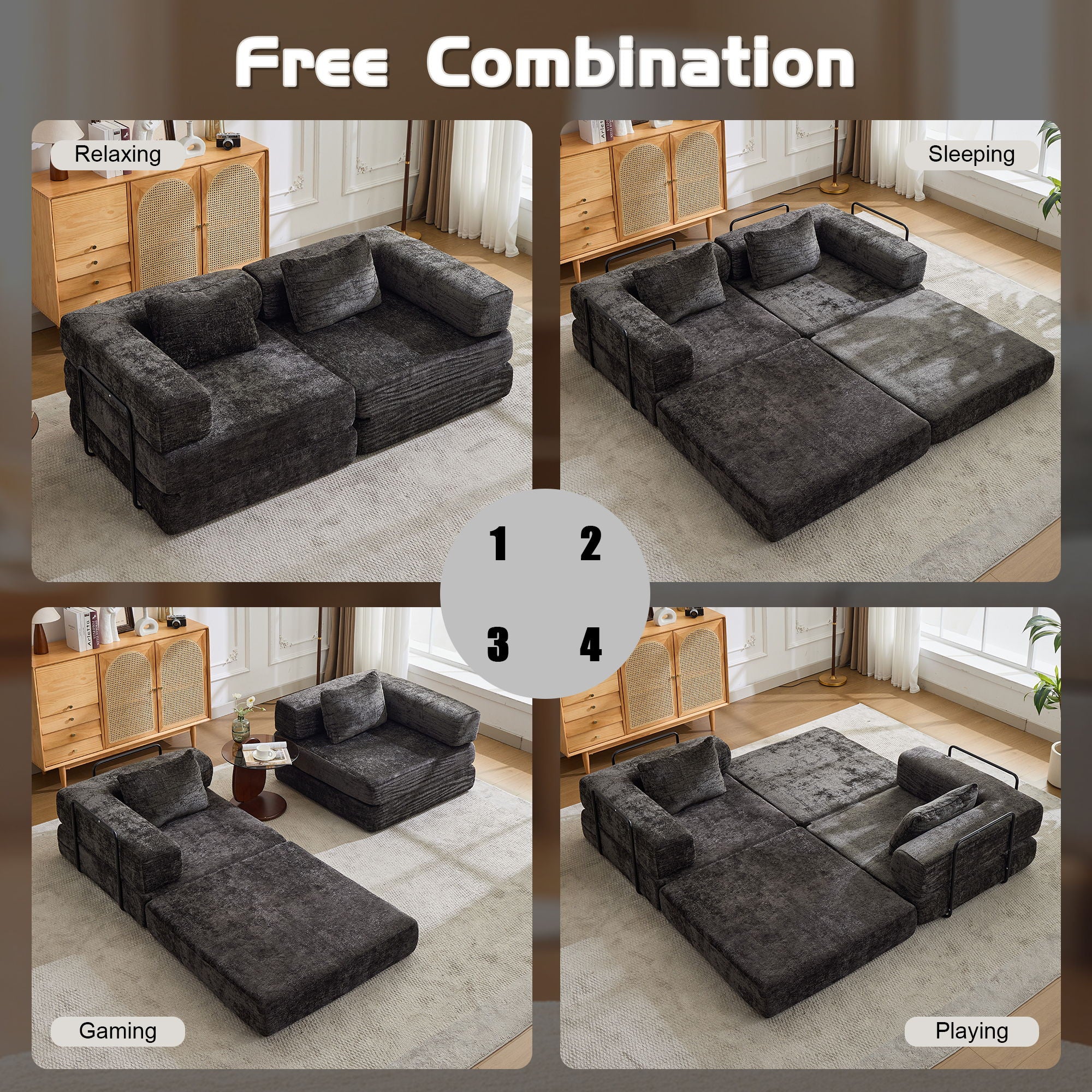 Convertible Floor Sofa Bed With Fixed Shape Frame, Loveseats Boneless Modular Sectional, For Living Room - Black