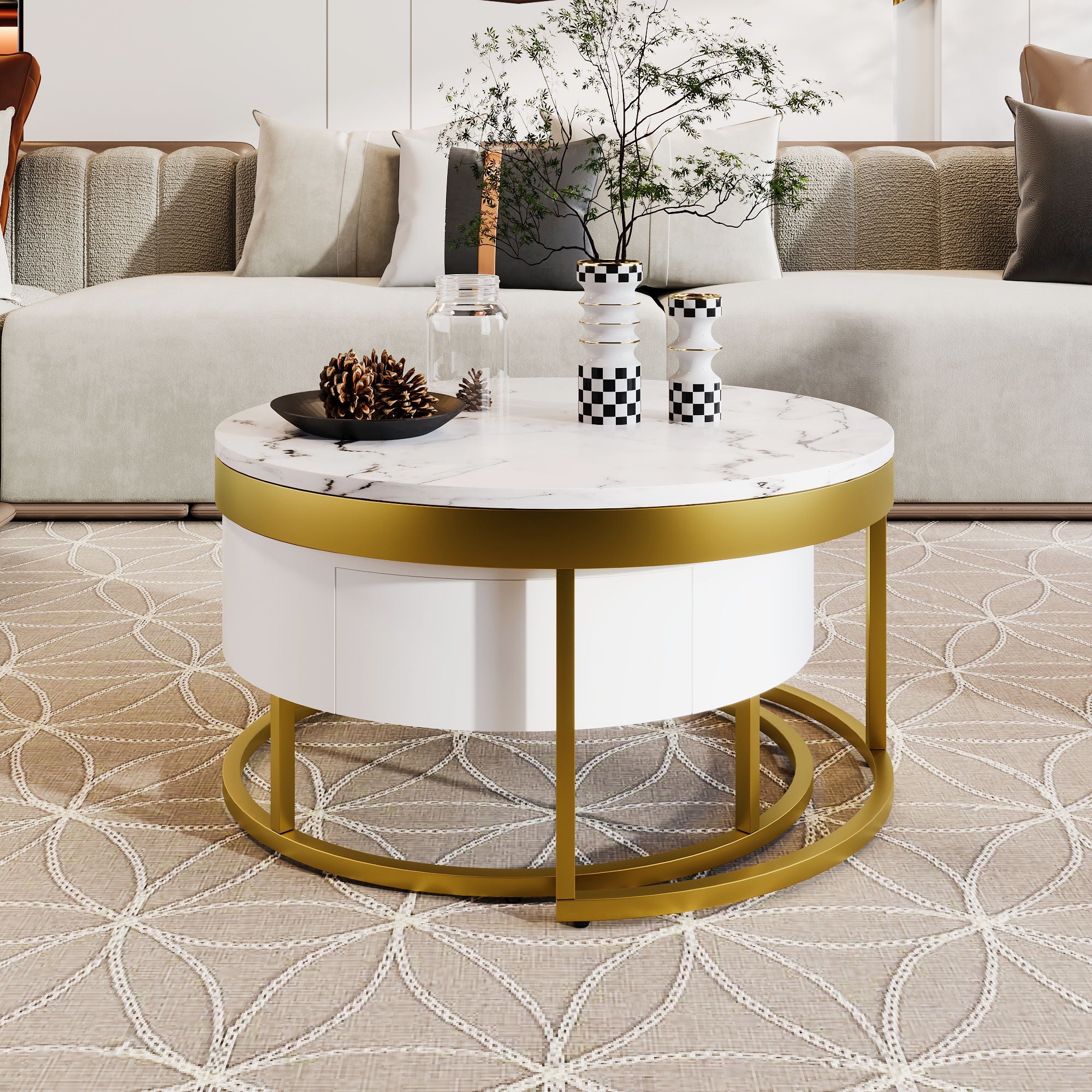 Round Nesting Coffee Table With Drawers - Golden / White