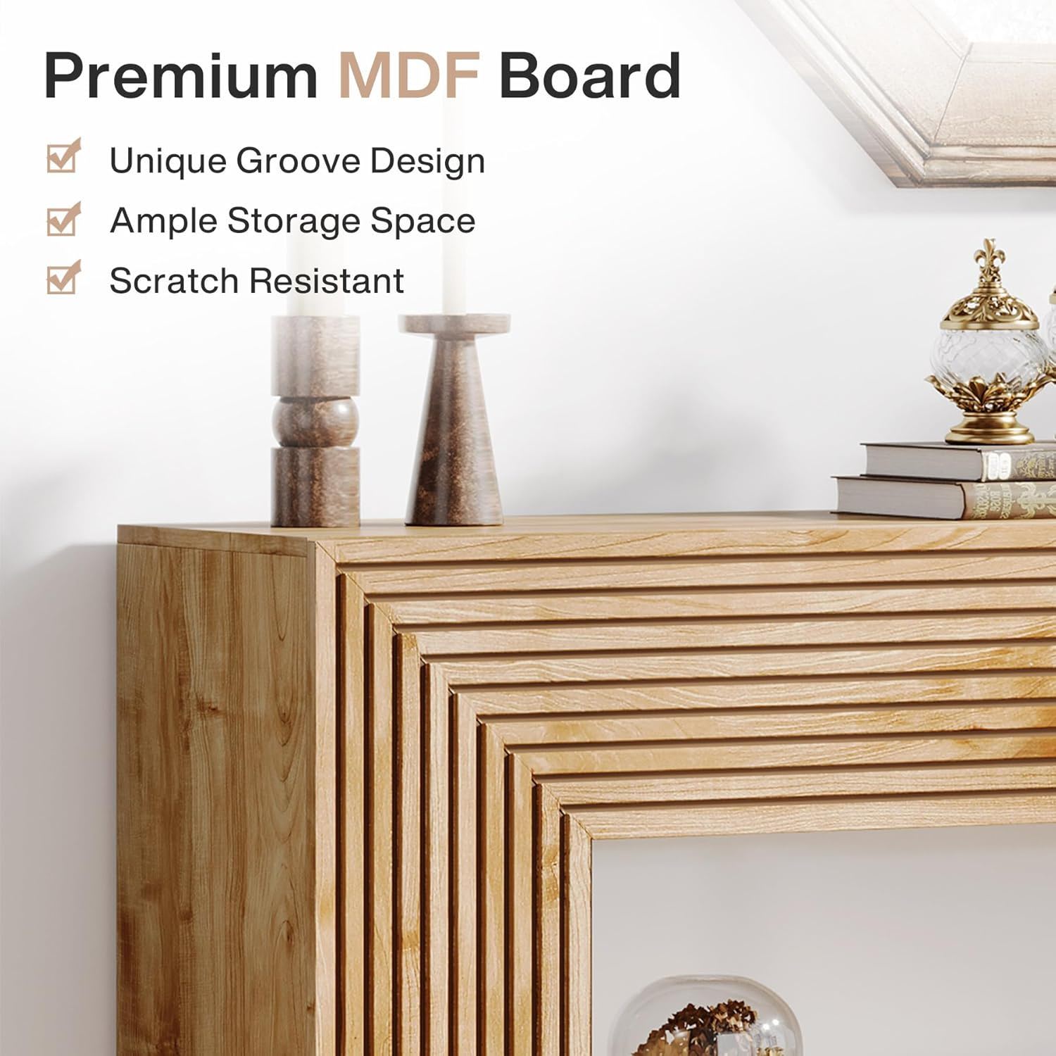 Fluted Console Table, Rectangular Entryway Table With Storage For Living Foyer - Natural Wood