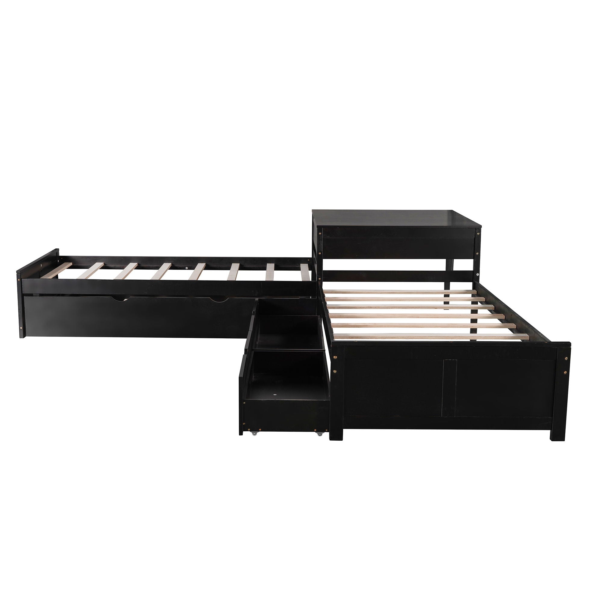 L Shaped Platform Bed With Trundle And Drawers Linked With Built In Desk