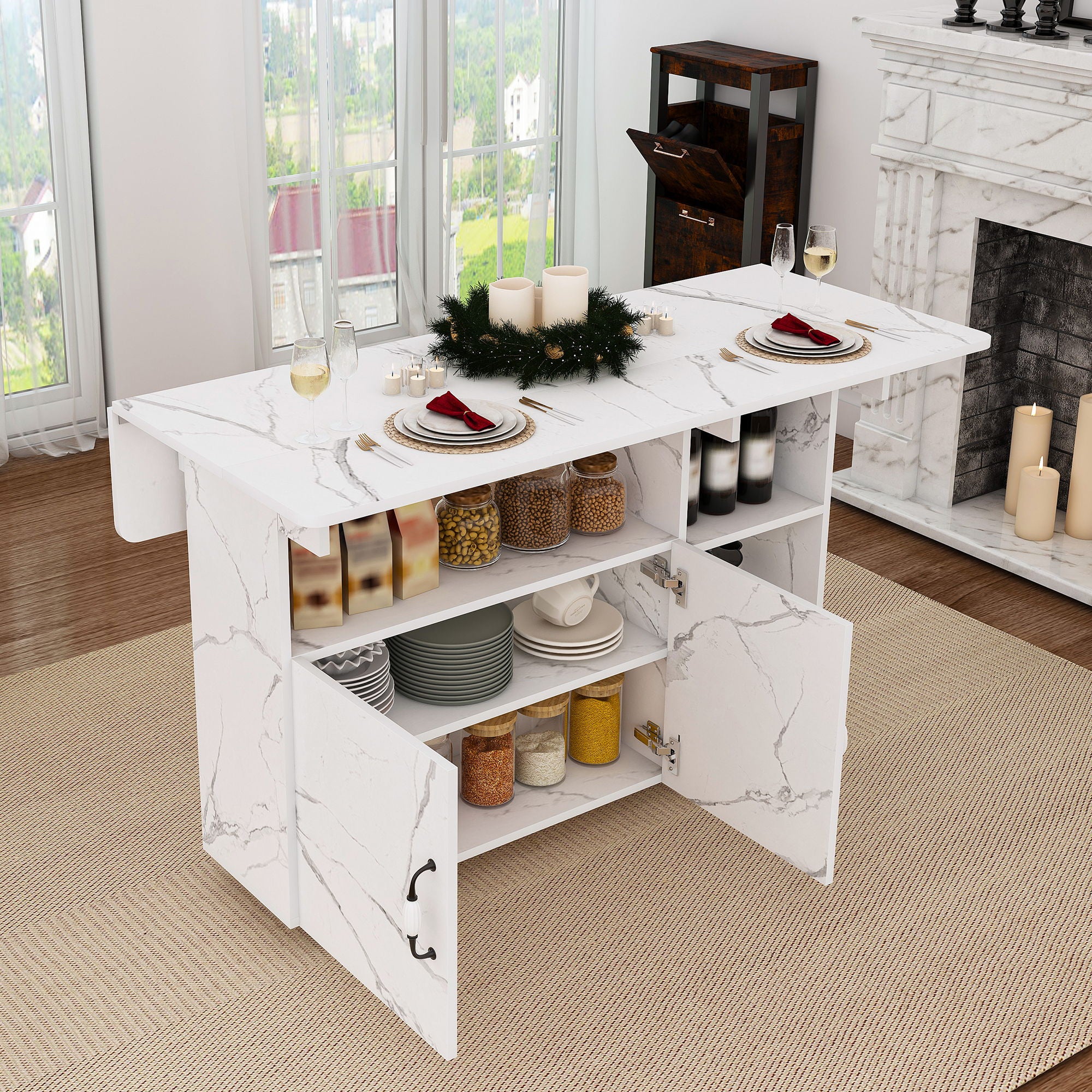 Multi Functional Folding Table With Storage Shelves And Wheels