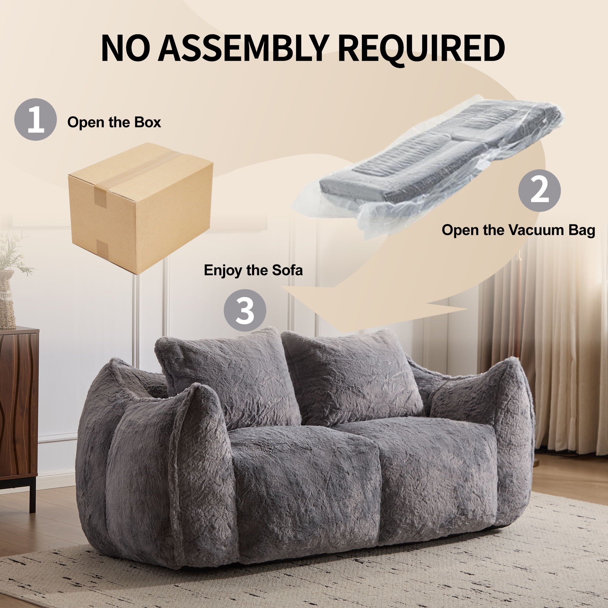 Giant Bean Bag Couch, Ultra Soft Fluffy Loveseat For Living Room Reading Chair With Pillows - Gray