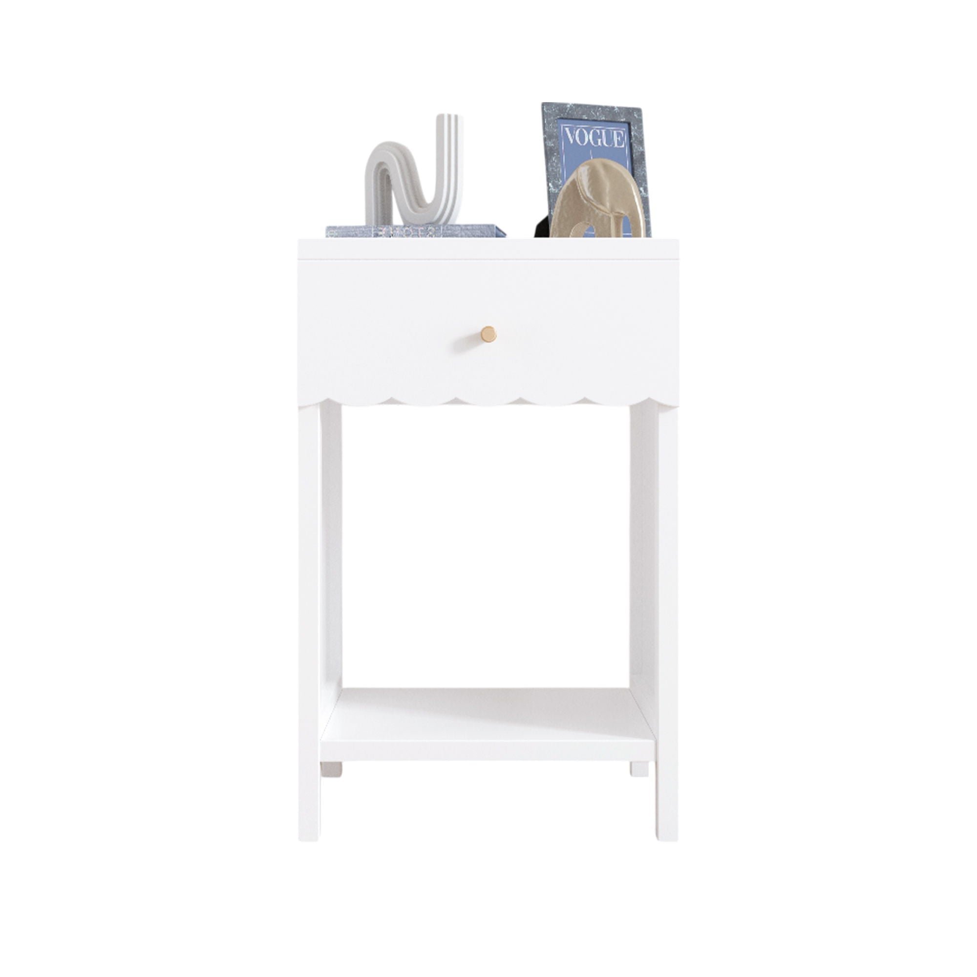 Nightstand With Drawer And Open Shelf, Scalloped Edge Bedside Table