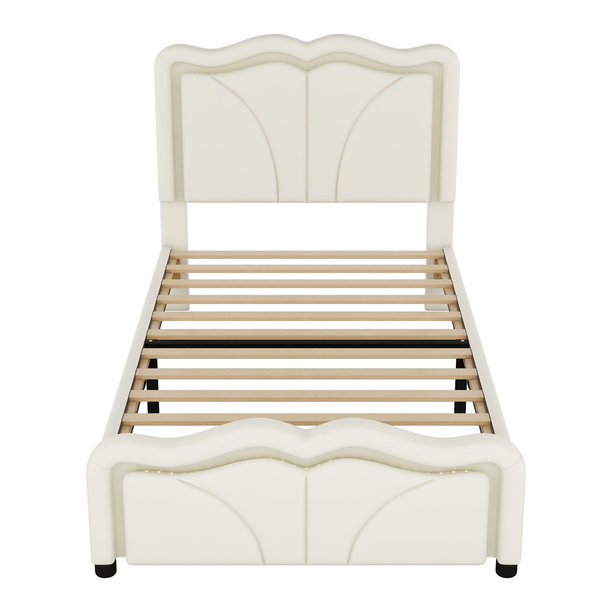 Upholstered Platform Bed & Curve Shaped And Height Adjustable Headboard, LED Light Strips